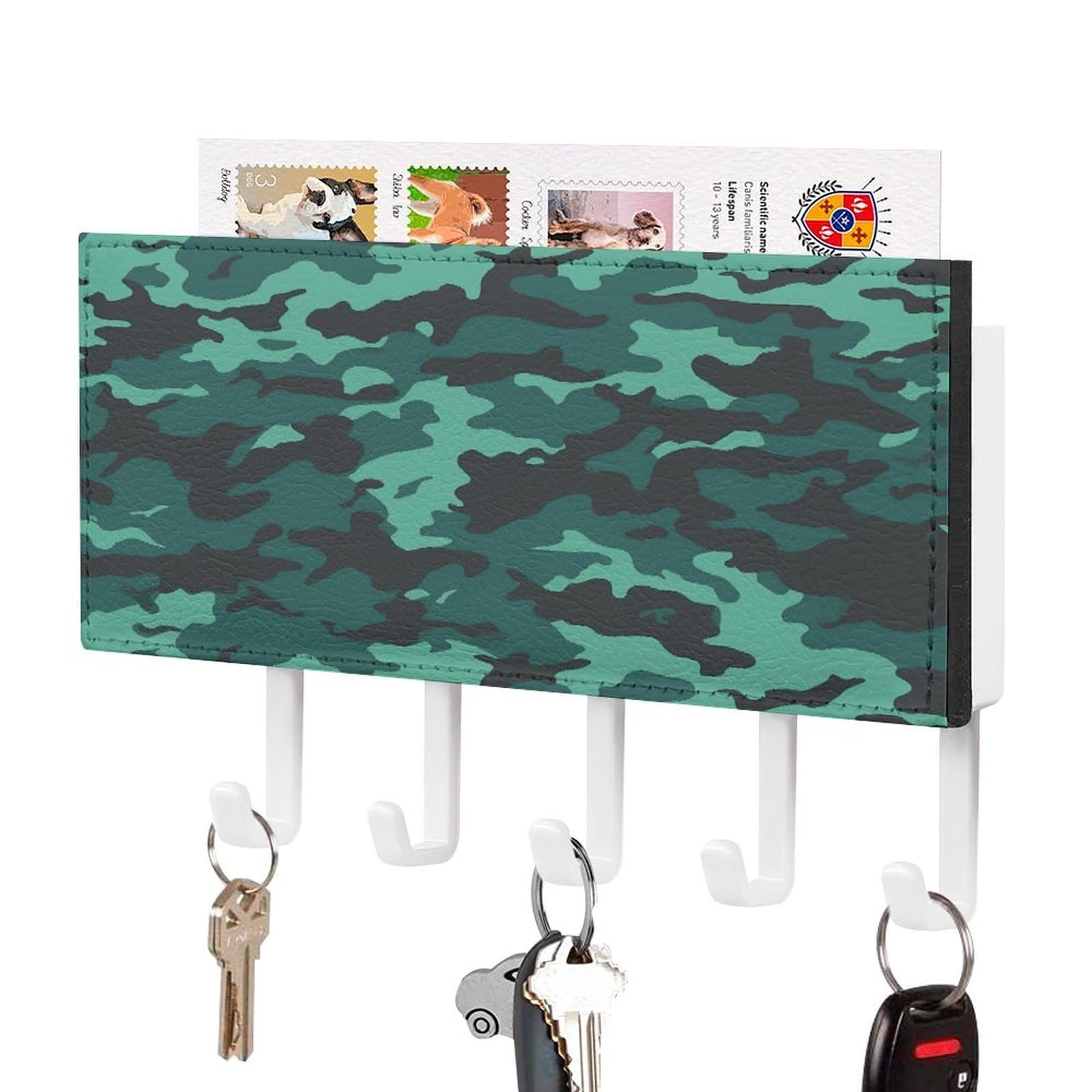 LDGSUPH Teal Camouflage Key Holder Wall Mount Key Hanger with 5 Hooks Fashion Key Organizer Rack Hanging Key Hooks with Mail Organizer Key Rack for Home Entryway Hallway White-Style