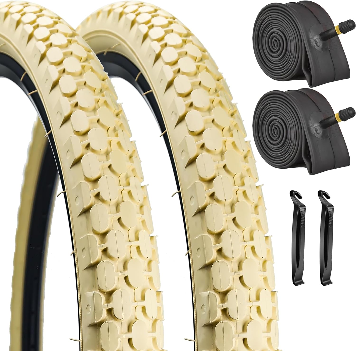2 Pack 26" Bike Tire 26 x 2.125 Inch Folding Replacement Bicycle Tire Cream or with 32MM Schrader Valve for Beach Cruiser Bike 2 Tires 2 Tubes