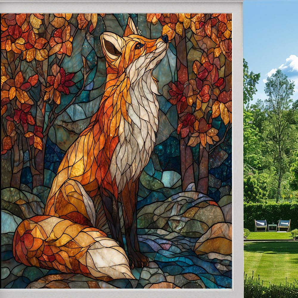 Fall Farmhouse Fox Stained Glass Window Film, Rustic Forest Animal Nature Peel and Stick Privacy Film, Frosted Adhesive Vinyl Decorative for Bathroom Windows Glass Doors, （50x80cm）