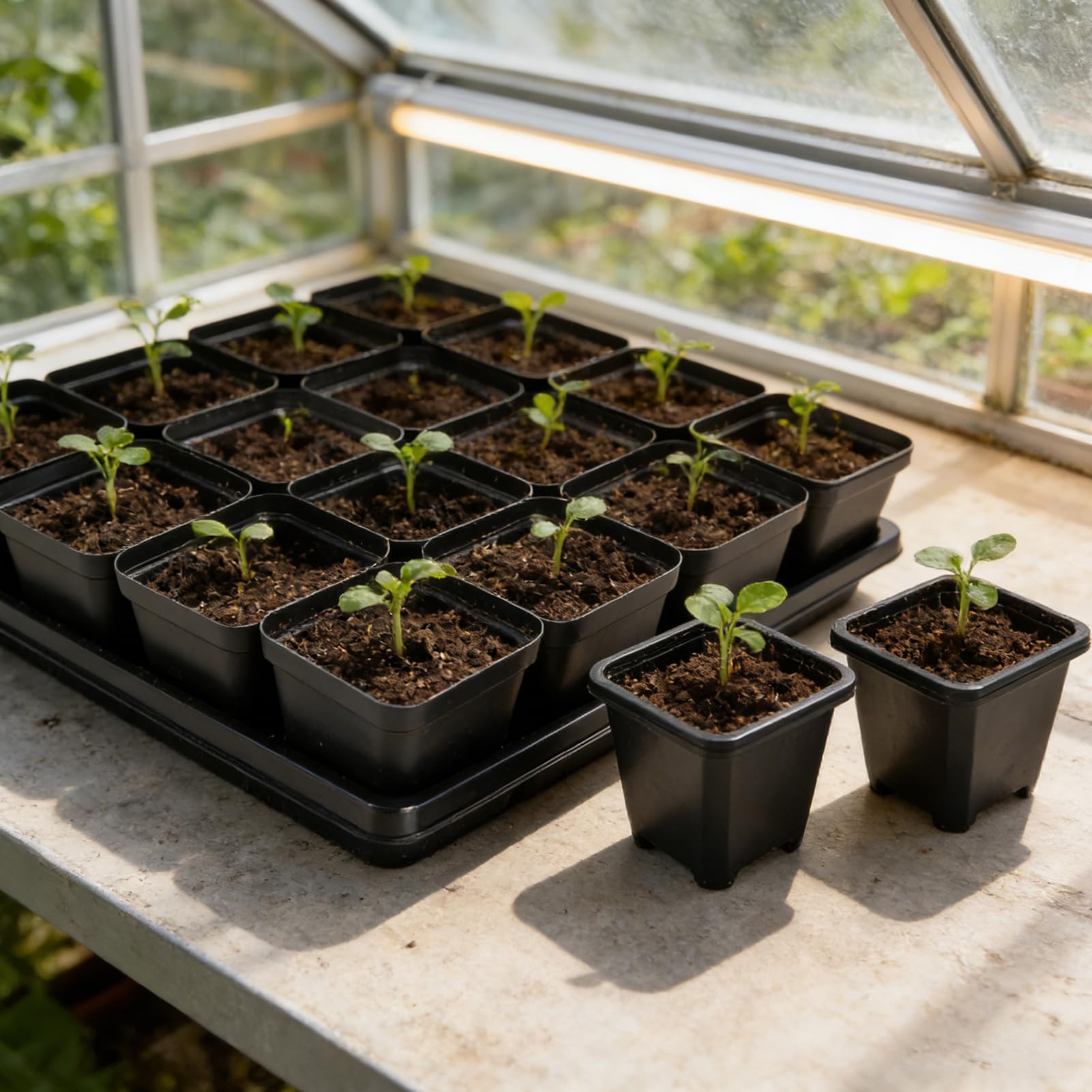 NNG 100 macetas cuadradas negras de 2.4 pulgadas, 5 bandejas de plástico para iniciar semillas, kit de iniciación de propagación de plantas, macetas cuadradas con agujeros de drenaje
