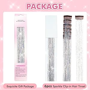 Clip in Hair Tinsel, POROLIR 6Pcs Glitter Fairy Tinsel Hair Extensions 20 Inch Shiny Hair Tinsel Heat Resistant, Sparkly Strands Hair Accessories, Festival Gift for Women Girls Kids (Silver)