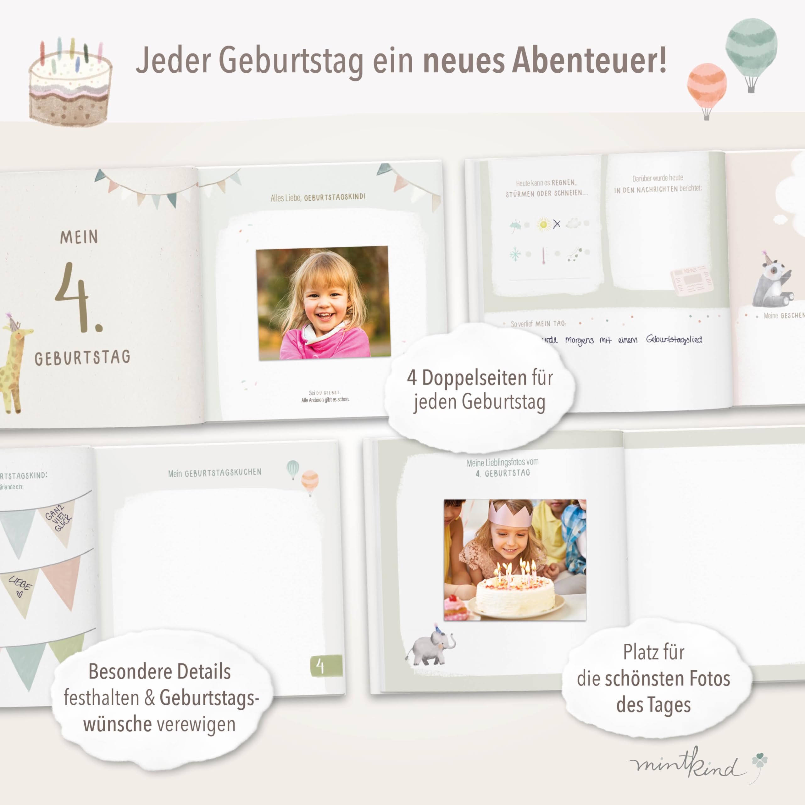 Mintkind Fotoalbum Kinder Rosa – Erinnerungsbuch Kindergeburtstag mit Ausfüllseiten – Erinnerungsalbum 1 bis 12 Jahre – Geschenk zur Geburt für Jungen & Mädchen