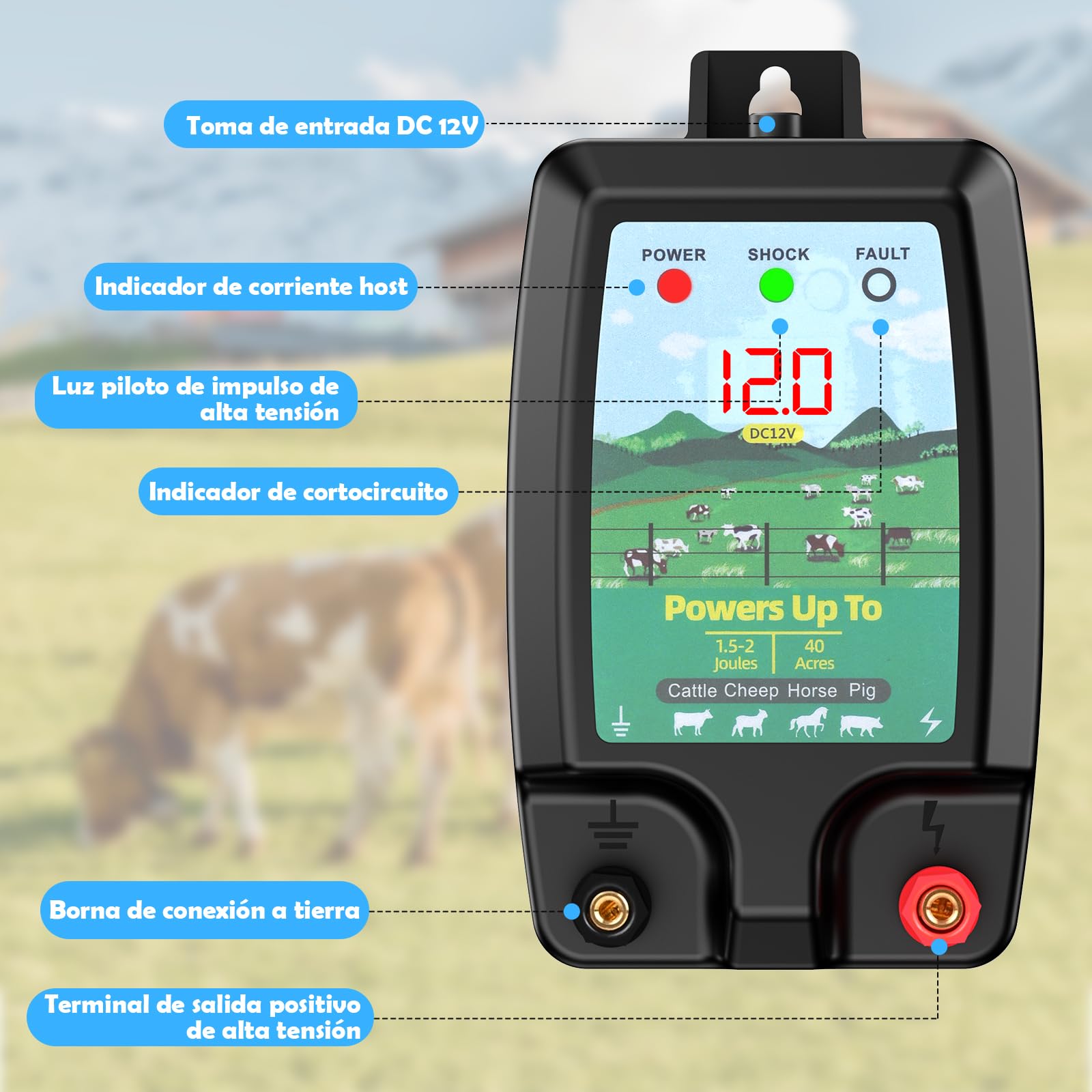 Valla eléctrica para mascotas 10KM, Potente 2J electrificador Valla eléctrica con pantalla LCD, alta potencia impermeable cerca eléctrica para protección de animales