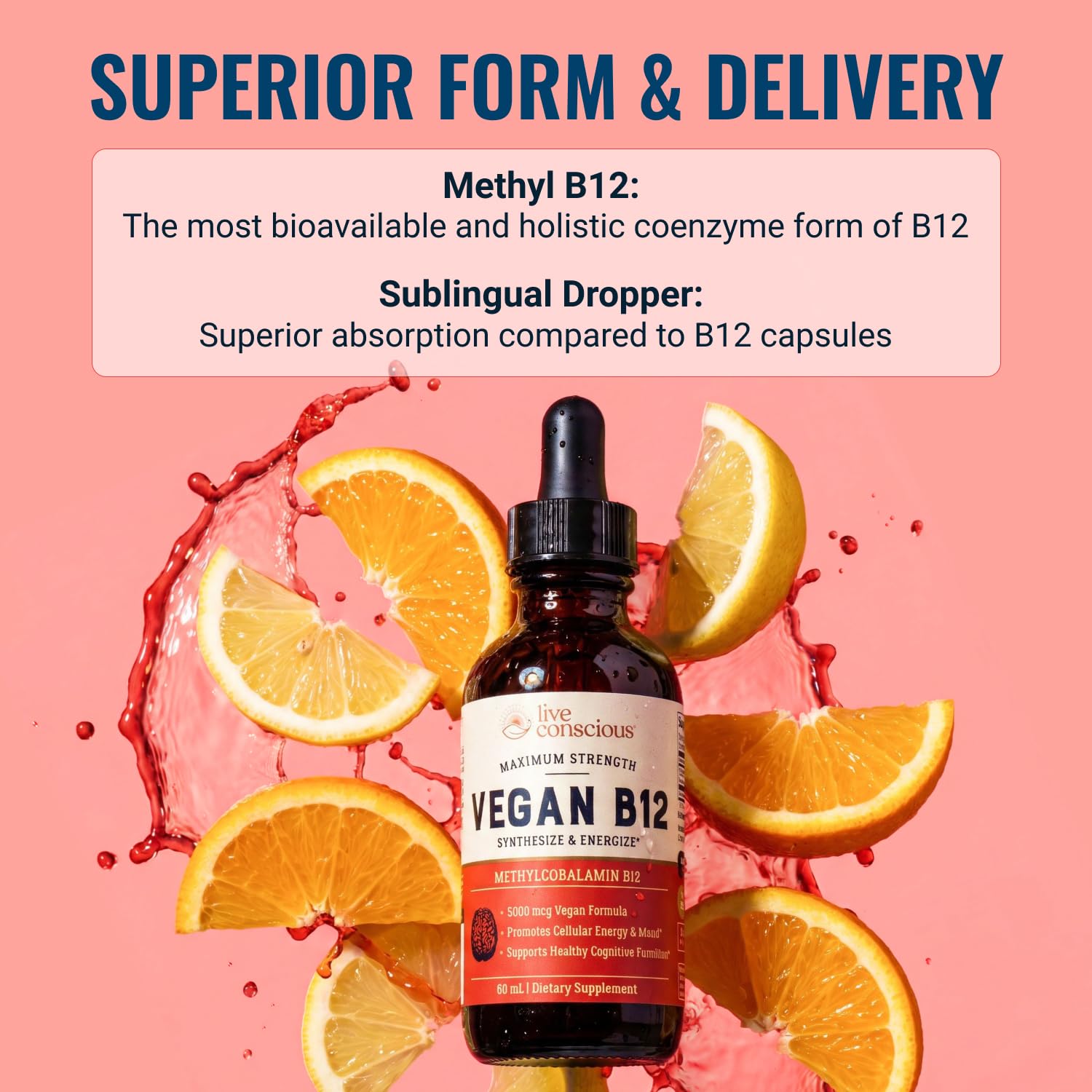 Live Conscious Vegan Vitamin B12 Sublingual Liquid Drops | Methylcobalamin Max Strength B12 5000mcg Formula | Vegan B 12 Vitamin Support Energy | Promote Memory & Aid Immune System | 60 Serving — Amazon image 2