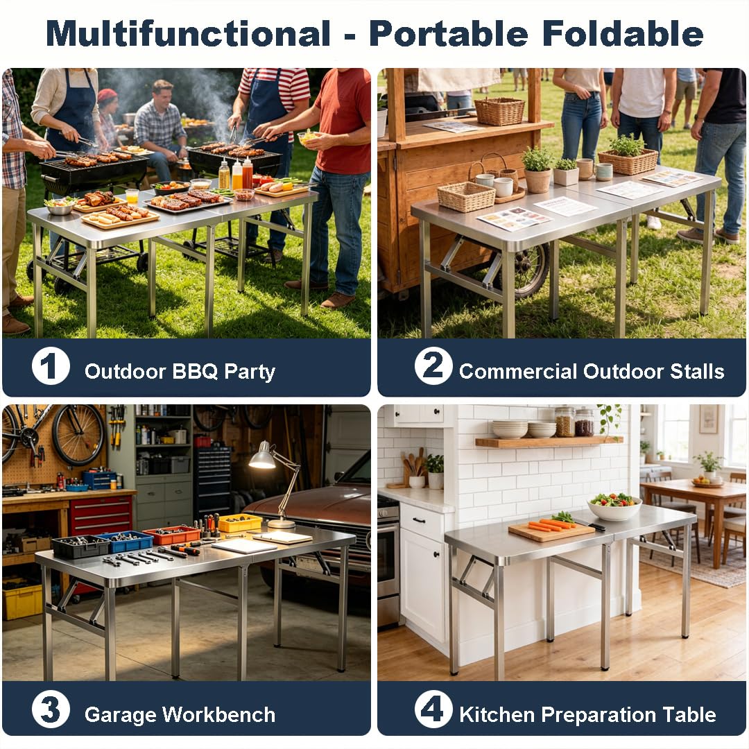 Banco de Trabajo Resistente de Acero Inoxidable 304, Mesa de preparación de Cocina Plegable, Mesa Plegable para lavandería, Ideal para Camping, barbacoas y restaurantes (tamaño: 59 * 23.6 * 28.7