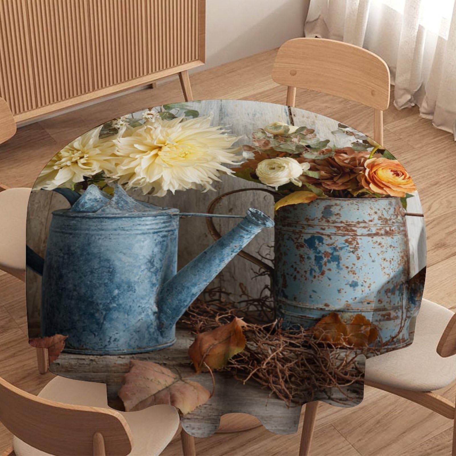 LUYYSKY Beautiful Realistic Floral Pattern Waterproof Round Tablecloth Classic Vintage Wooden Board Botanical Plant Flowers Washable Table Cover for Kitchen-127 Wx127 L cm