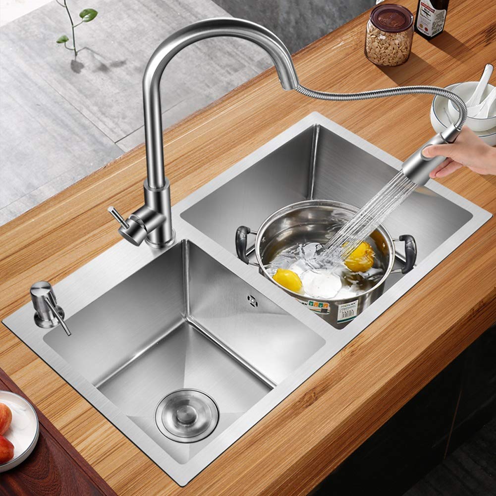 Juego Combinado de Grifo extraíble para Fregadero Doble de Cocina, de Acero Inoxidable Cuadrado, con Kit Completo de fontanería, desagüe y Accesorios para instalación empotrada baj