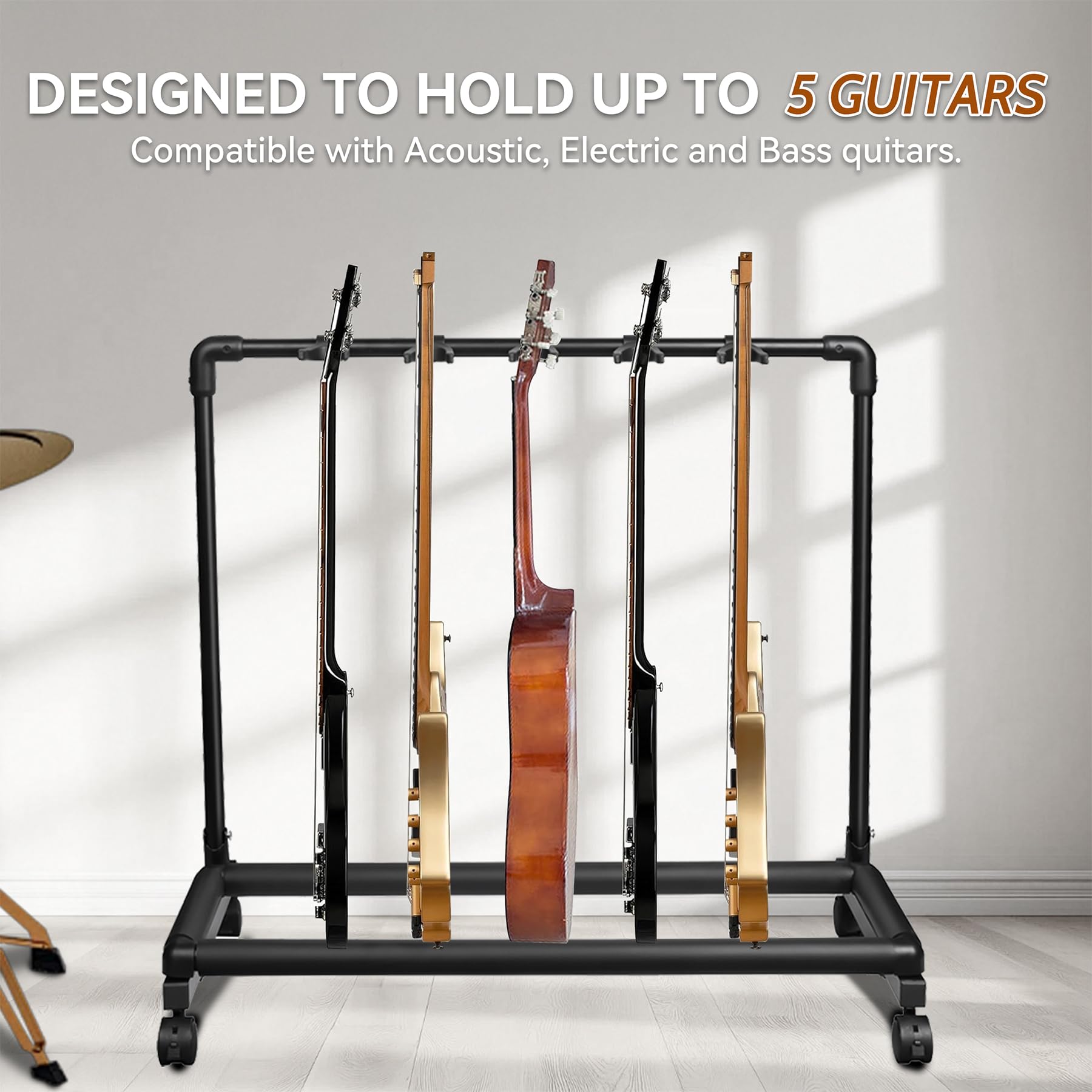 AZOR 5 Multi Gitarrenständer Rack mit Rollen, faltbarer Gitarrenhalter | Passend für akustische E-Gitarren, Bass, weicher gepolsterter Schwamm schützt Instrumente