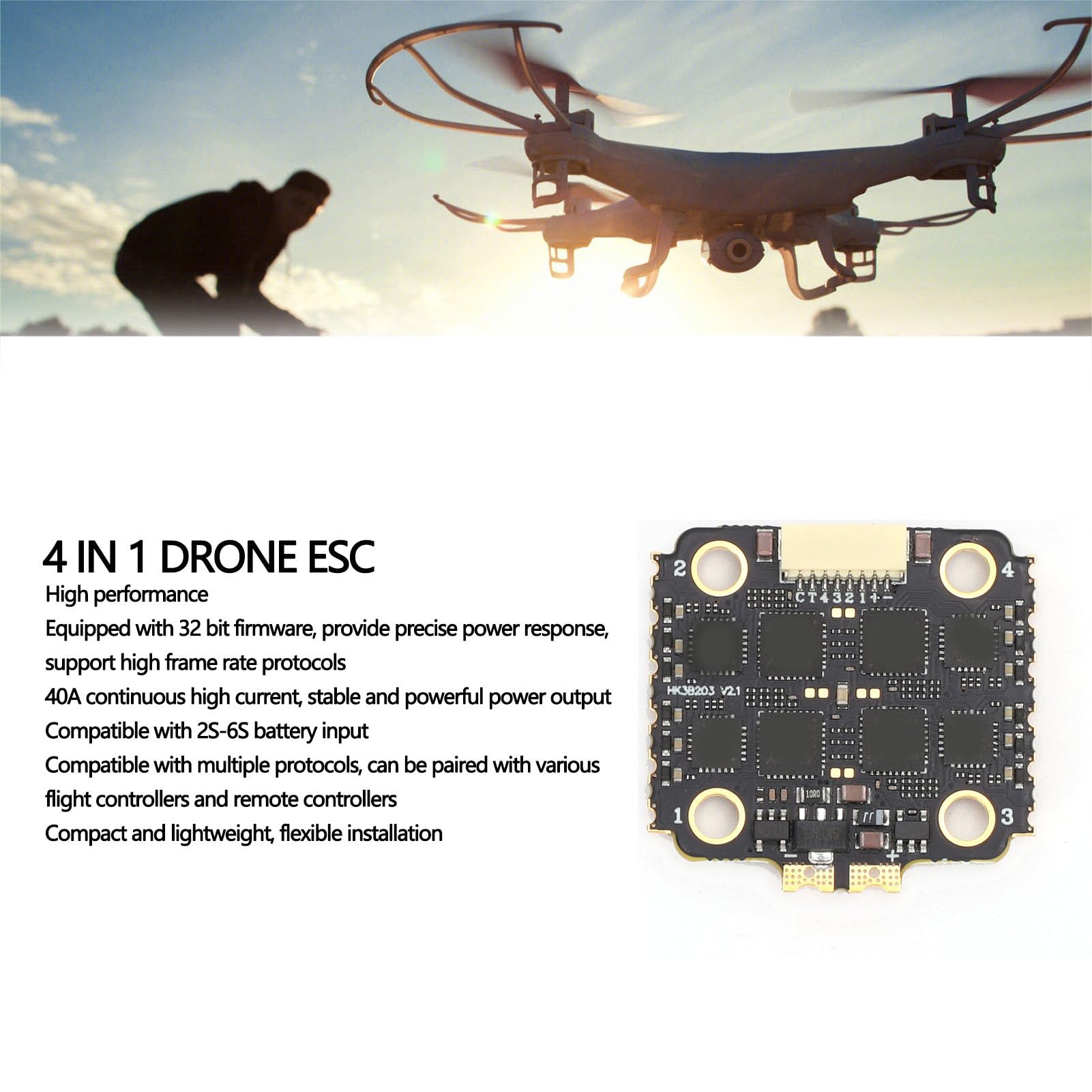 Dron 4 w 1 ESC, Bezszczotkowy Kontroler Prędkości 40 A do Quadkoptera Wyścigowego, protokół DShot600, Lekki i Kompaktowy dla Wysokowydajnych Dronów 2S-6S