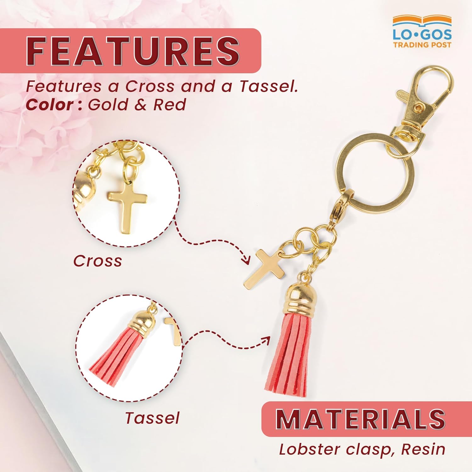 Logos Trading Post Cross Charm Keychain with Tassel - Minimalist Gold Cross Bag Charm - Image 3