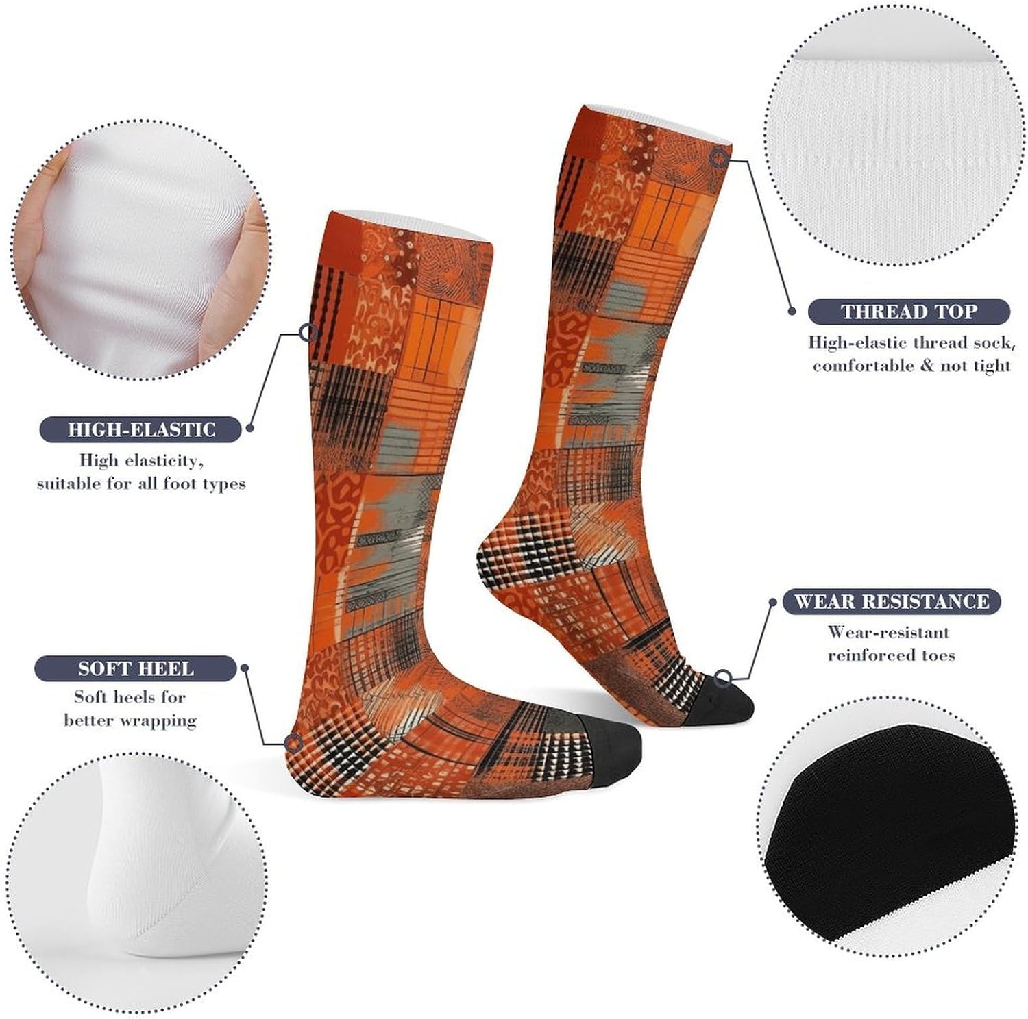 Knee High Socks Orange Grid Lines Long Tube Boot Seamless Toe