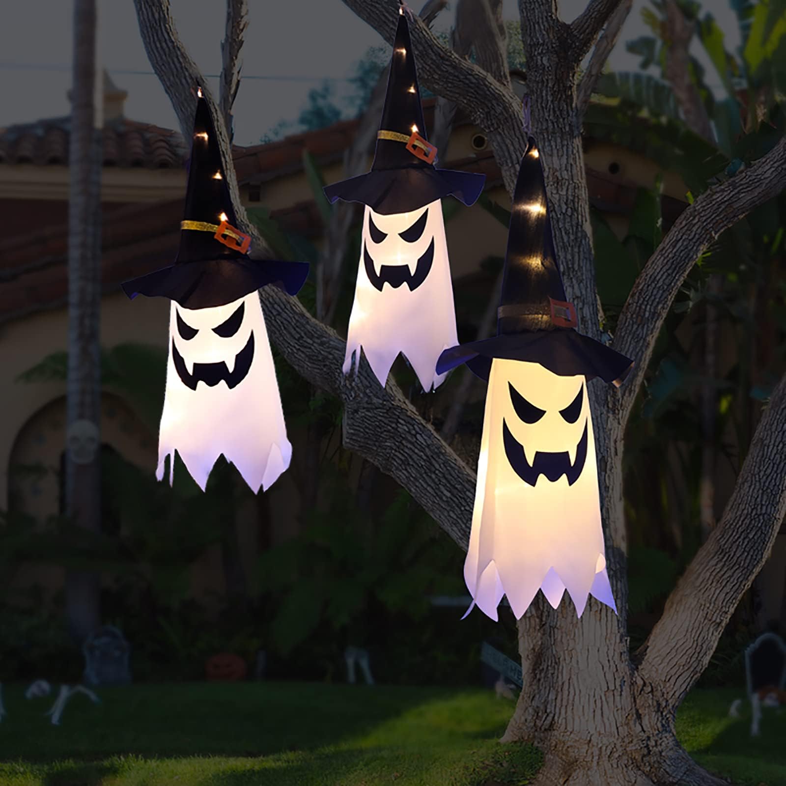 32 inches Giant Halloween Decorations Large Outdoor Decor Hanging Lighted Glowing Ghost Witch Hat Indoor Outside Ornaments Clearance Party Lights String for Yard Tree Garden(3Pcs)
