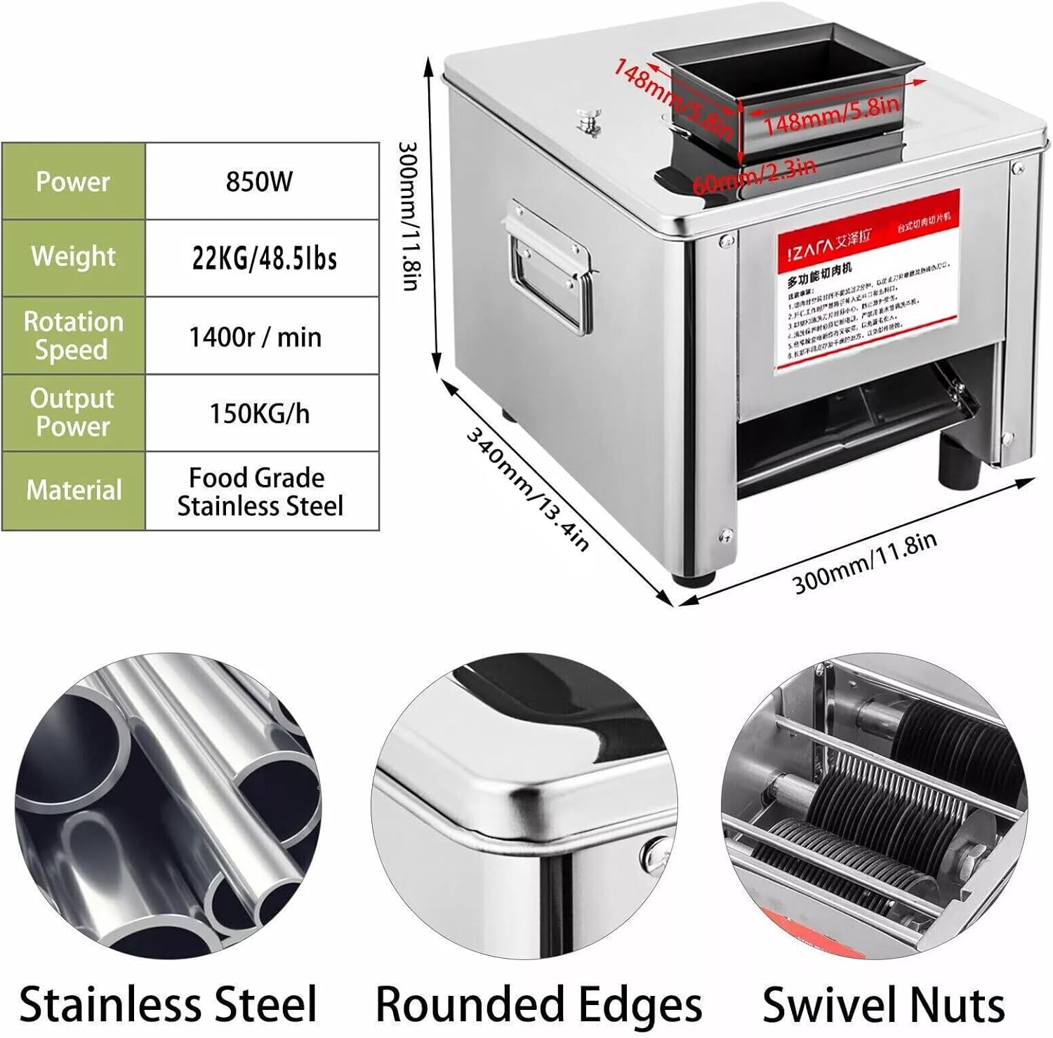 Stainless Steel Meat Slicer,850W Commercial Meat Cutter Machine for Home Use, 5MM Thickness 110V Effortlessly Slice Bread, Cheese Meat Slicer Machine for Home