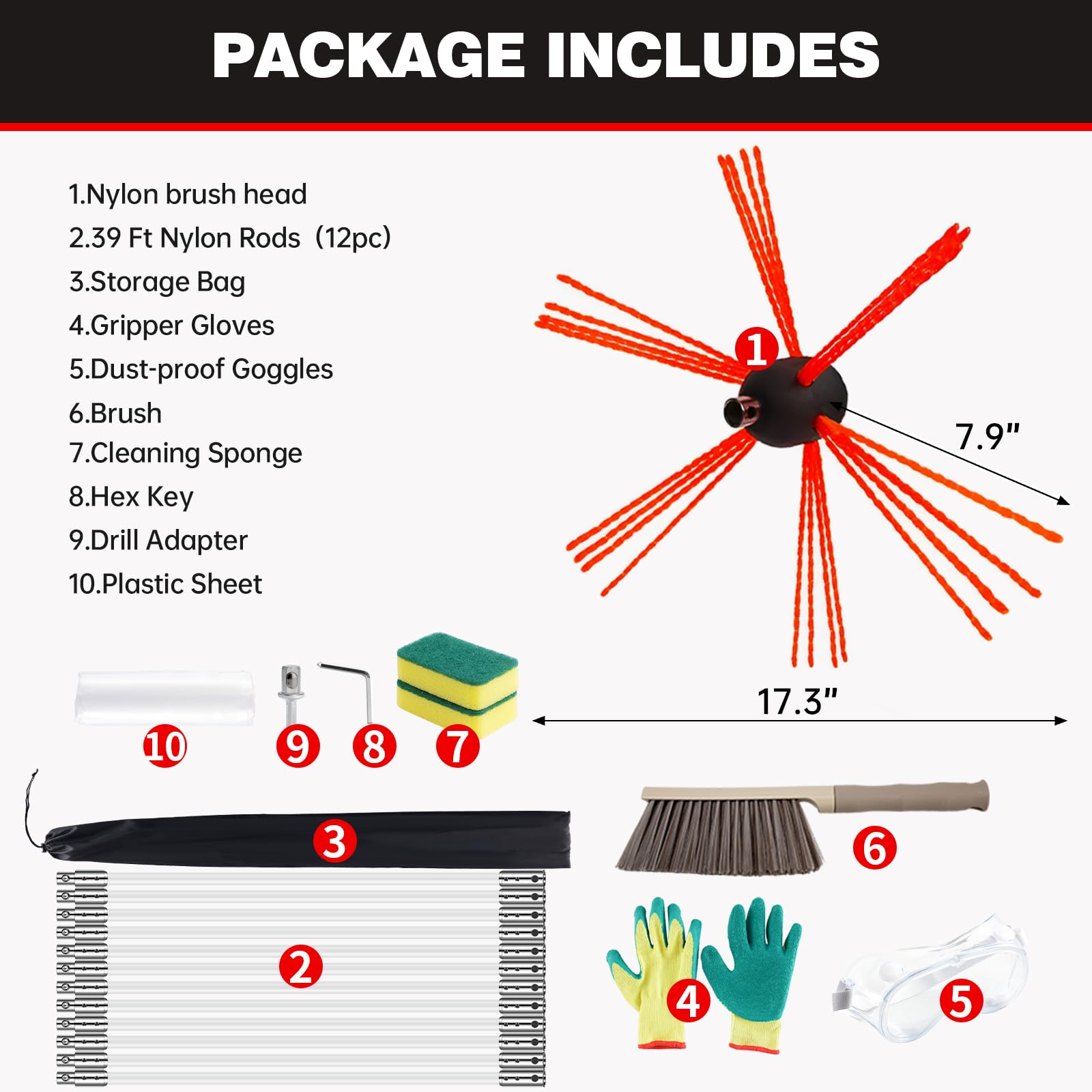 Kit de Barrido de Chimenea de 39 pies, Sistema de Bloqueo de botón Cromado, Kit de Limpieza de Chimenea, Cepillo de Chimenea, Herramienta de Limpieza de Chimenea, Sistema de Limpieza de