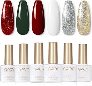 GAOY Red Christmas Gel Nail Polish Set, 6 Colors White Dark Green Glitter Sparkle Winter Soak Off UV Light Cure Gel Polish Kit for Salon and Nail Art DIY at Home