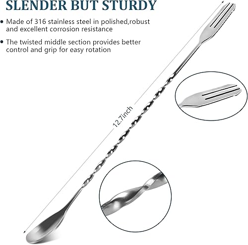 Miniatura 2 de Cuchara de bar de 12.7 pulgadas, cuchara mezcladora de cóctel, cuchara de barra con patrón en espiral con punta Trident cuchara agitadora con mango