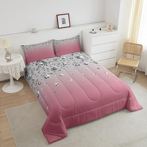 Miniatura 3 de Juego de ropa de cama rosa degradado para niñas, tamaño matrimonial, juego de edredón rosa degradado para mujeres adultas, diseño rústico
