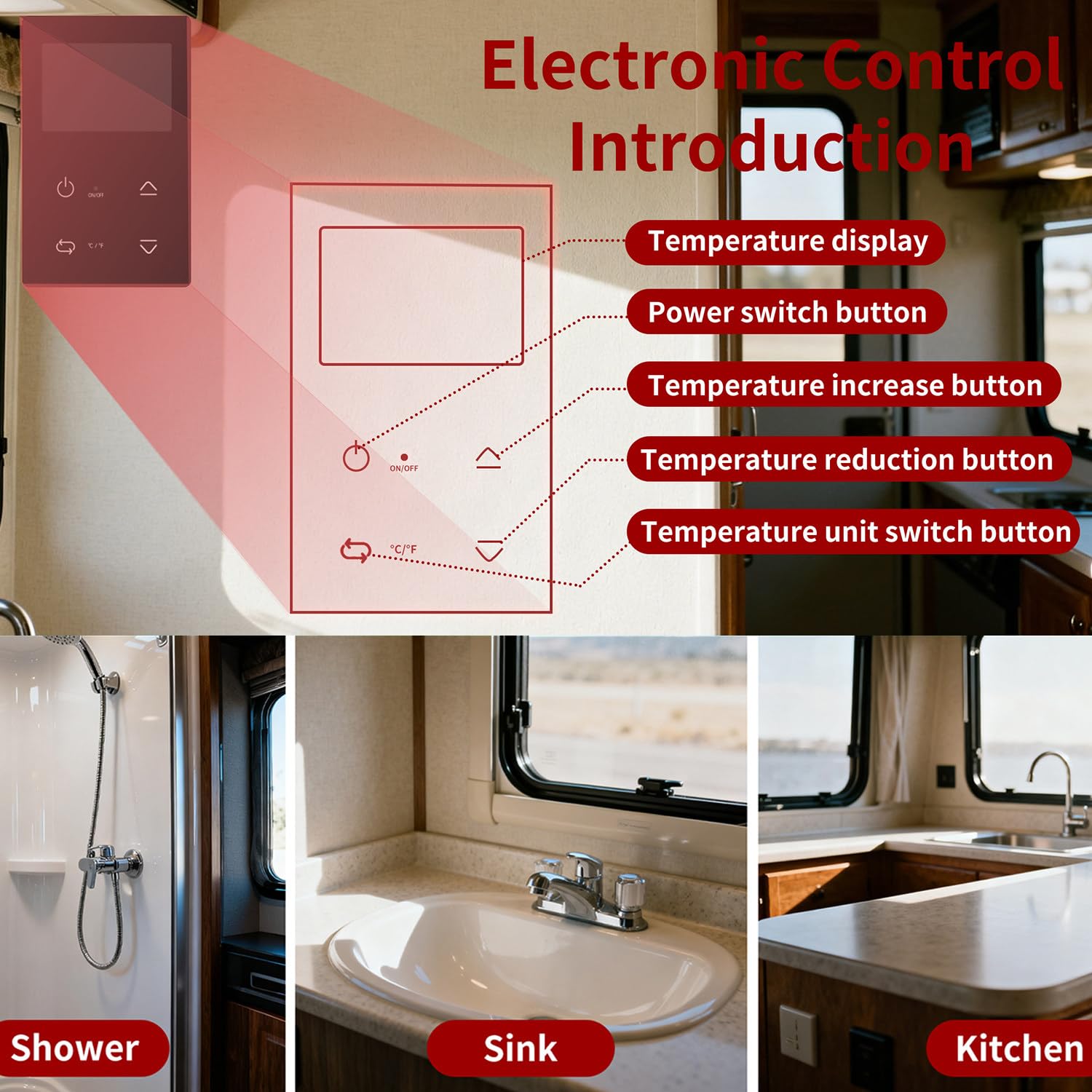 Calentador de Agua para VehíCulos Recreativos,55 000 Btu,Control Termostático,Acero Inoxidable 12 V CC,Calentador de Agua Portatil para Autocaravanas Black