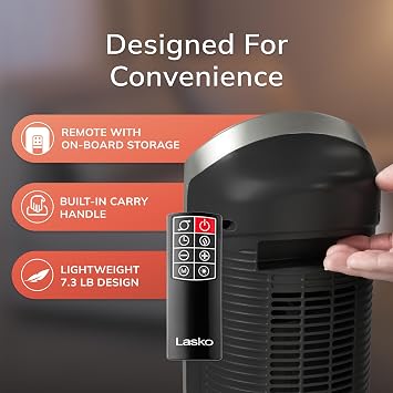 Lasko Oscillating Digital Ceramic Tower Heater for Home with Adjustable Thermostat, Timer and Remote Control, 23 Inches, 1500W, Silver, 755320