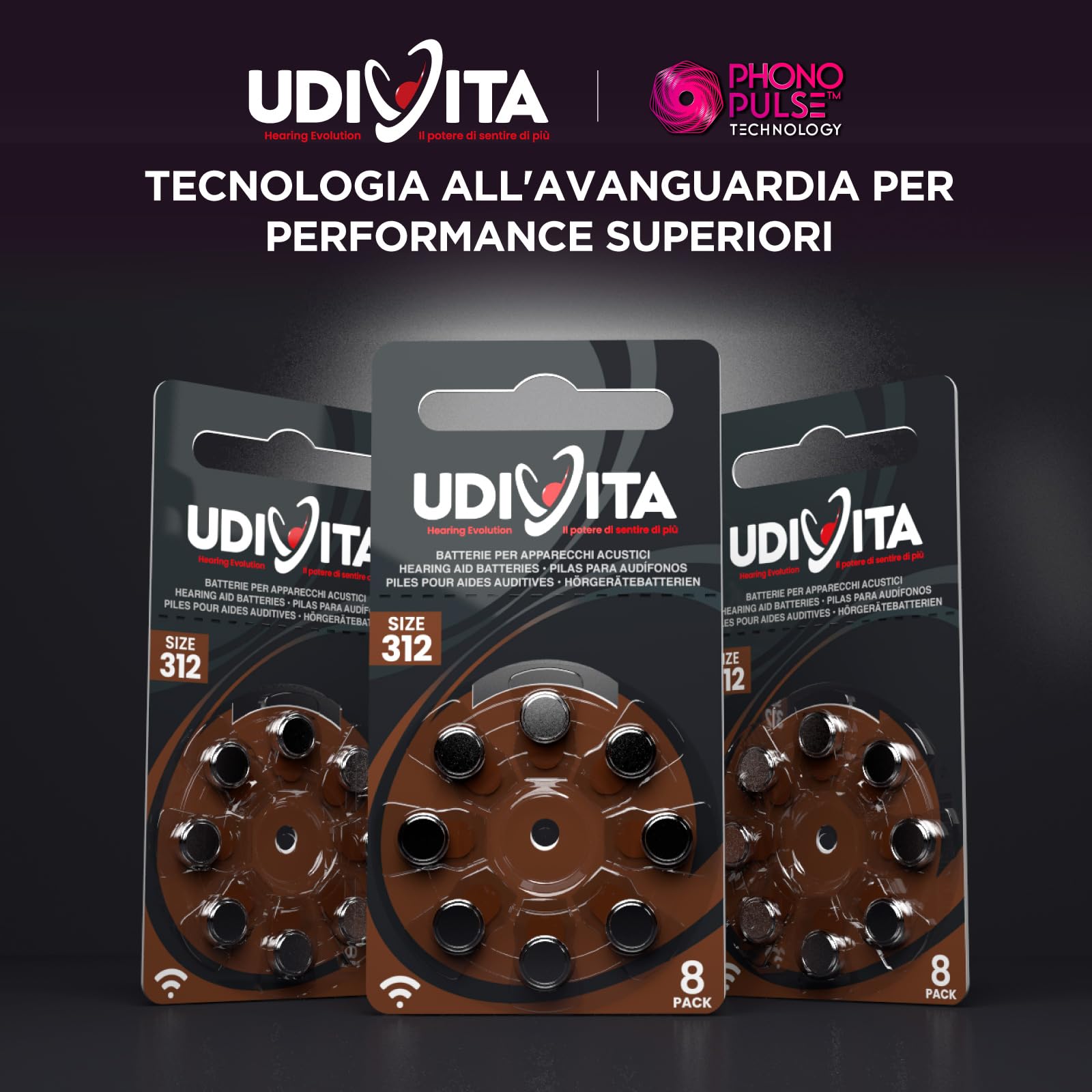 240 Batterie Per Apparecchi Acustici Auricolari Udivita Misura 312 PR41 (Marroni) Tecnologia Phono Pulse - 30 Blister da 8 Pile