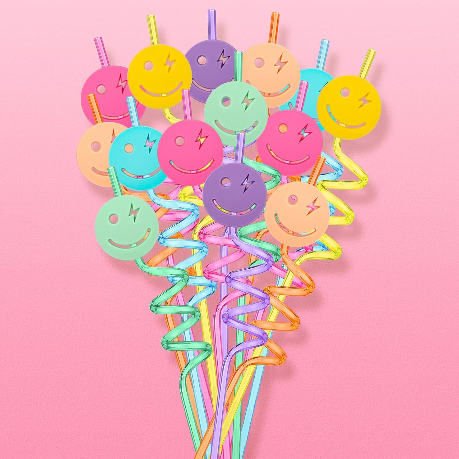 24 Pack Pastel Smile Reusable Straw Set One Happy Dude Birthday Smile Face Party Decorations Pastel Party Favor Preppy, Bachelorette, Baby Shower Supplies - Image 3