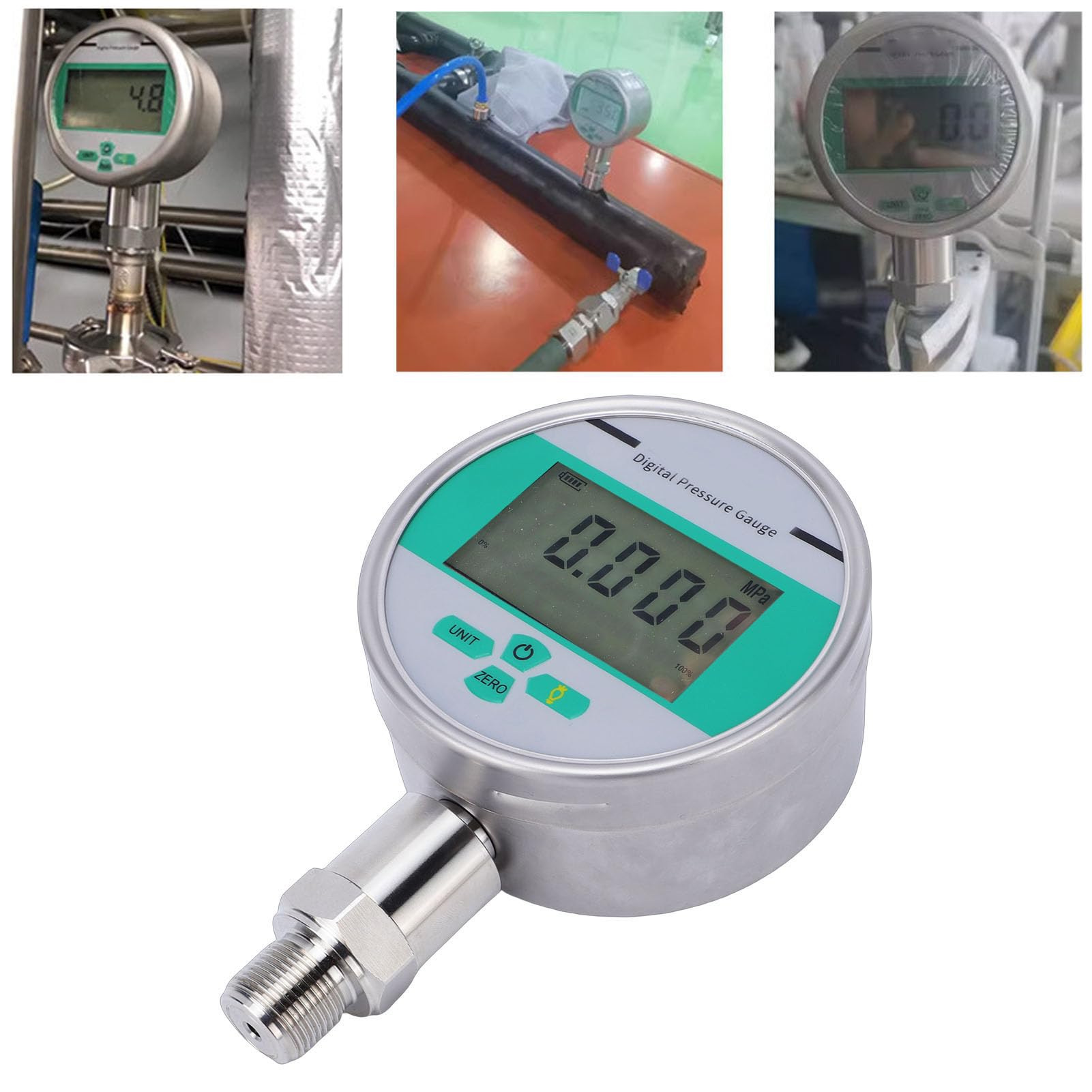 Eujgoov Manometro Digitale, Misuratore di Pressione in Acciaio Inossidabile con Quadrante da 4 Pollici da -1 a 1 Bar con M20x1,5 per Sistemi Idraulici di Macchinari di Ingegneria