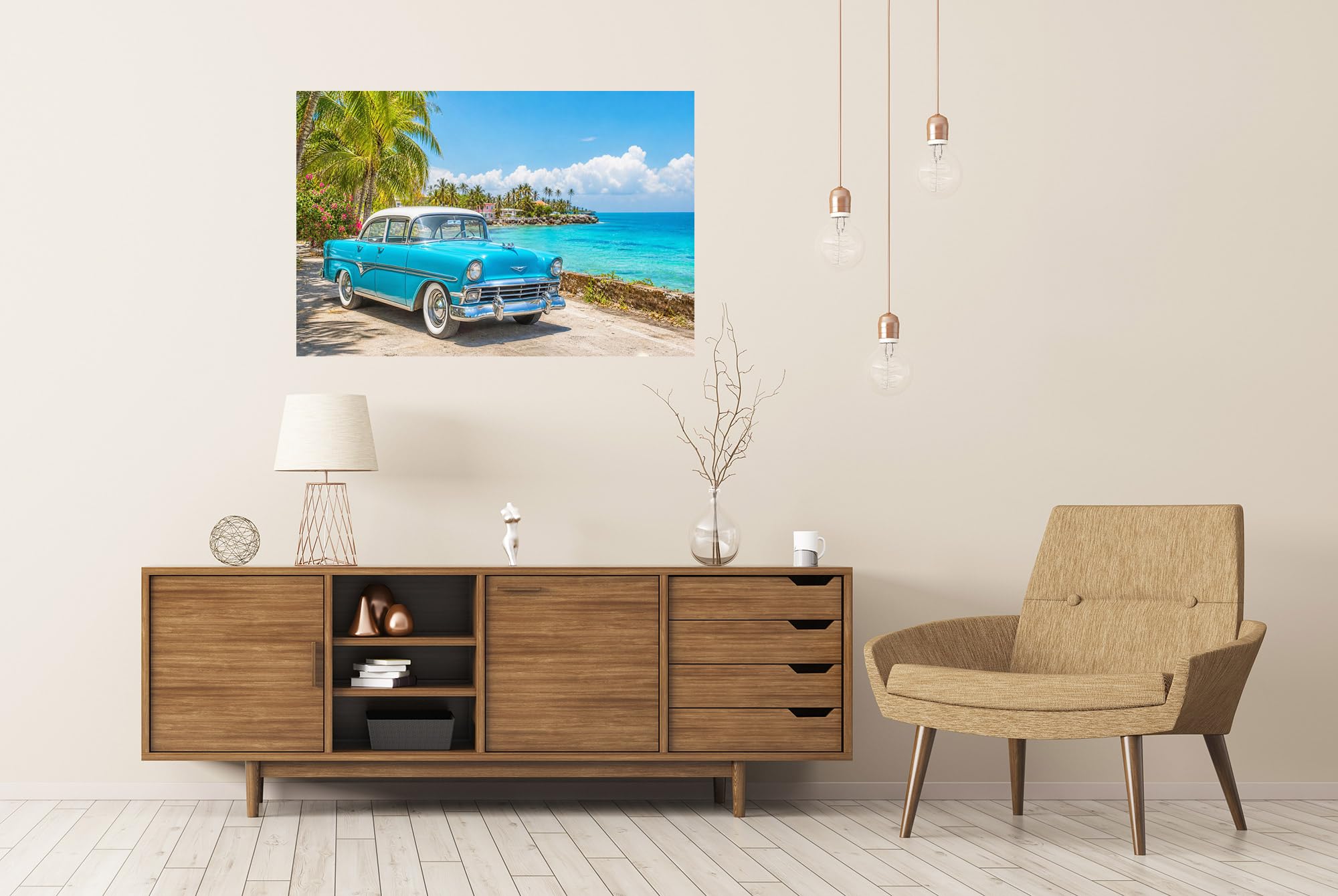 islandburner Póster premium nostálgico, diseño nostálgico de coches antiguos paraíso, mural para sala de estar para aficionados a los viajes, formato grande