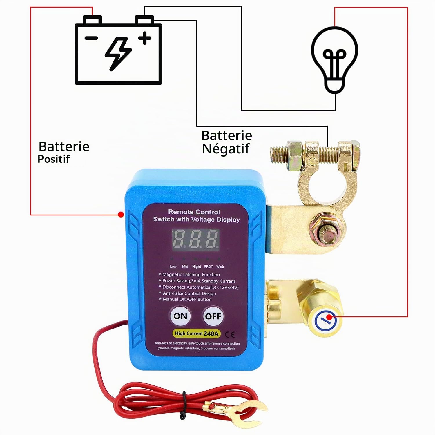 QWORK® 12 V 240 A coupe circuit voiture interrupteur batterie avec affichage numérique, interrupteur d'isolation de batterie avec 2 télécommandes, pour camions, automobiles, camping-cars