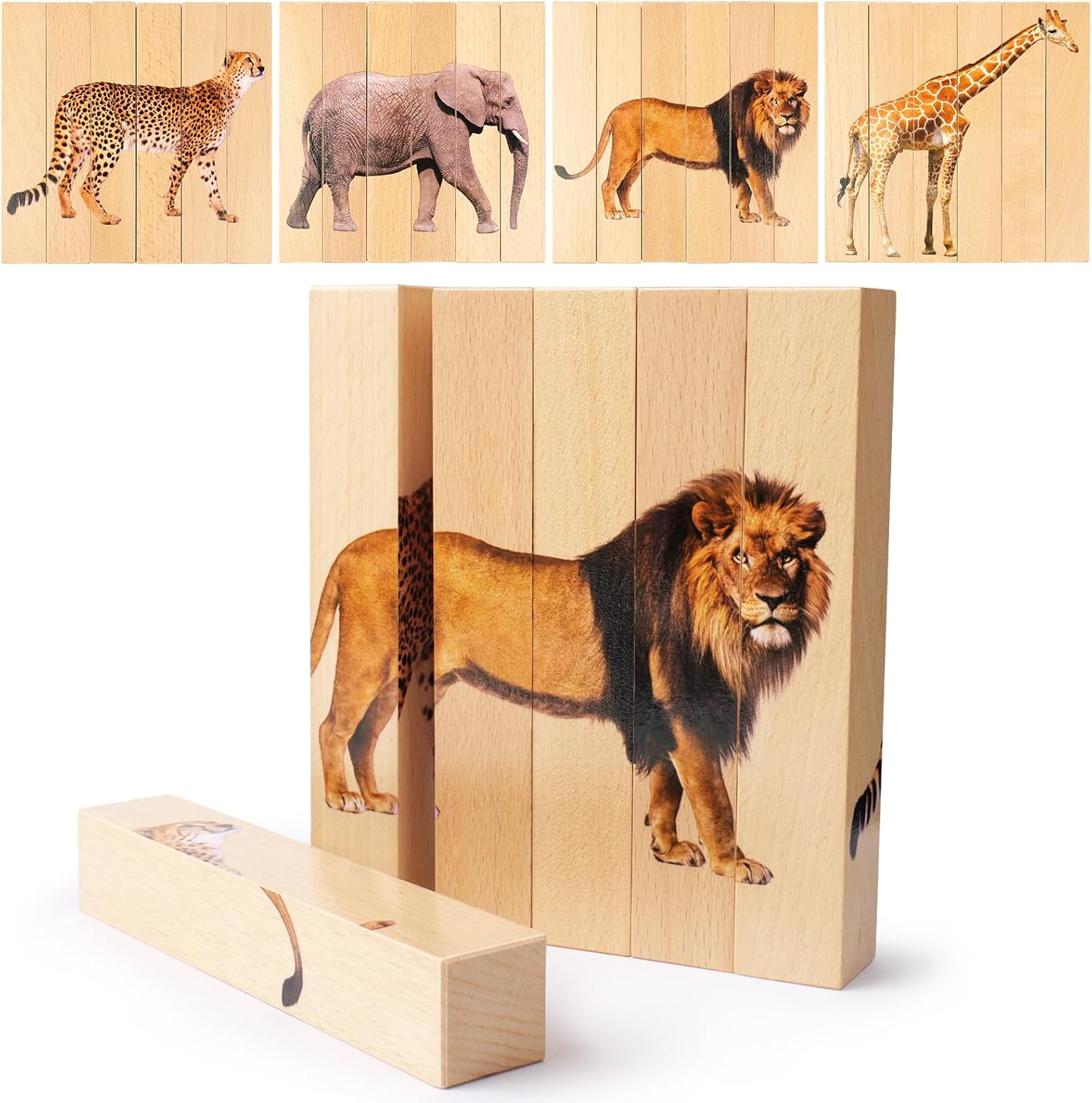 Wooden Puzzles for Toddlers 1-3: Animal Toddler Puzzles for 2-4 Years Old, Montessori Toys Learning Educational Chunky Puzzle, 4-in-1 Safari Animal Wooden Toys for Kids Baby Boys Girls Gifts