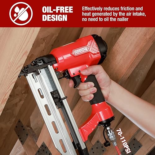 Miniatura 6 de ARROW - Clavadora neumática de acabado de calibre 16 con 1000 clavos, kit profesional de pistola de uñas rectas 16 GA, diseño sin aceite,