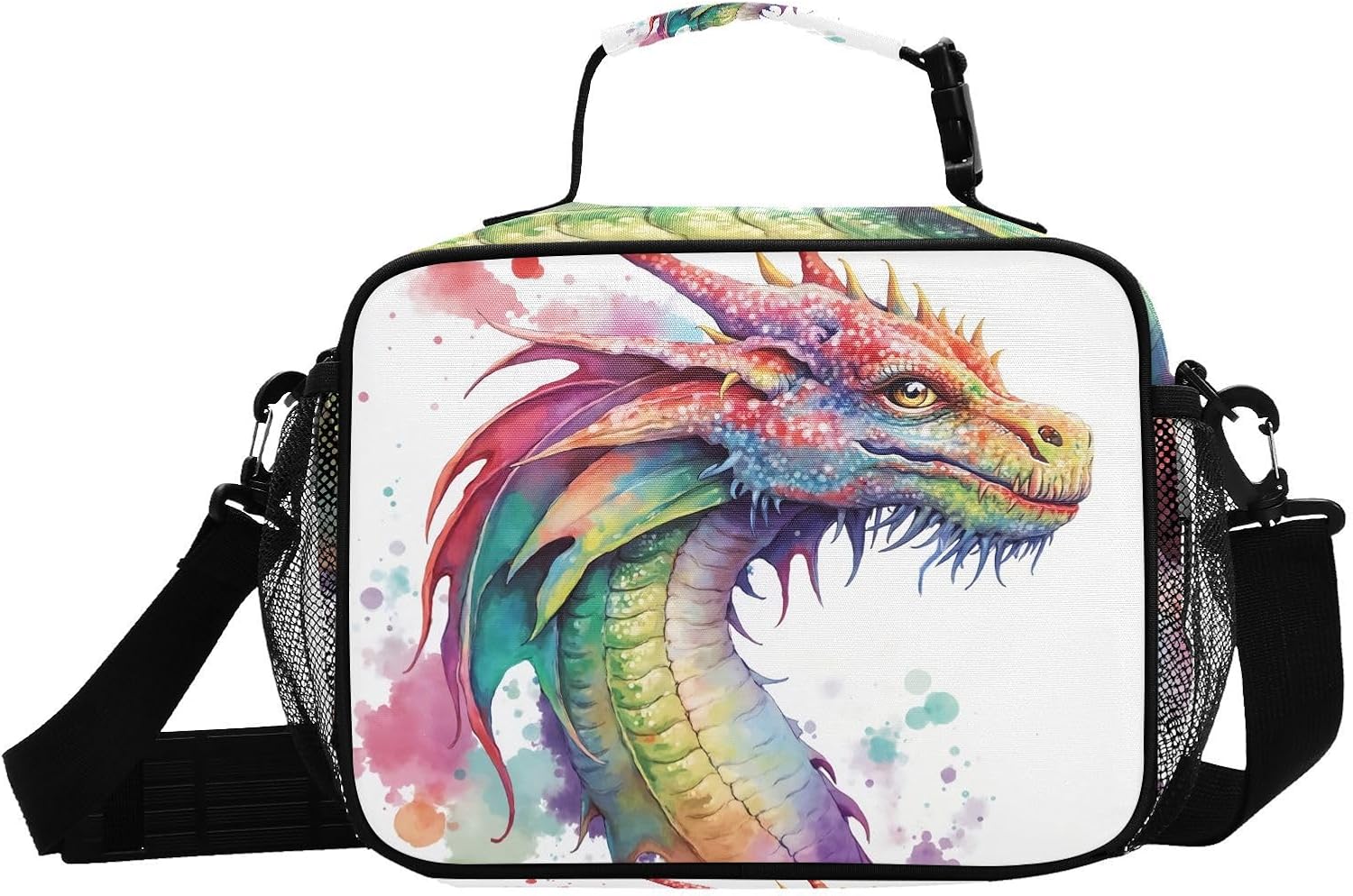 Watercolor Dragon Lunch Box for Boys Girls Insulated Lunch Bag Kids Cooler Tote Shoulder Strap Reusable for School Travel Picnic