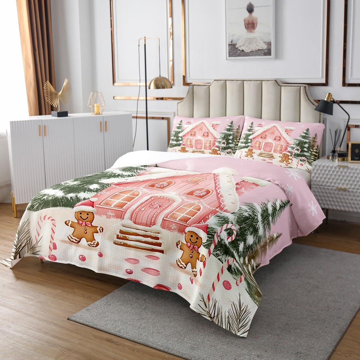 Manfei Kawaii Gingerbread House Bedspread Queen Size,Christmas Gingerbread Man Bedding Bed Cover,Pink Cream Candy 3 Pieces Coverlet Set with 2 Pillowcases,Cartoon Cute Xmas Themed Bed Cover Sets