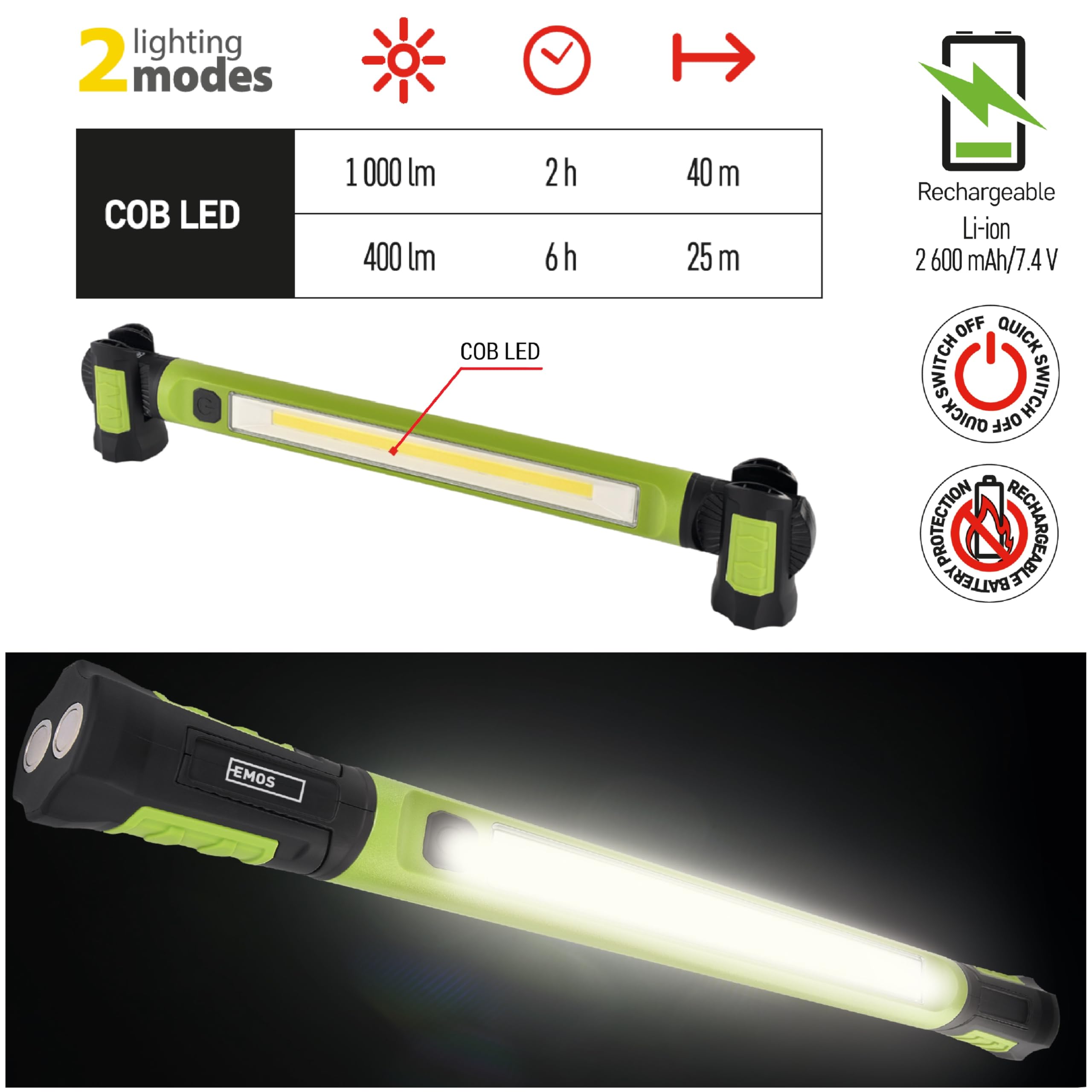 EMOS - Lampa robocza COB LED z możliwością ponownego ładowania - podstawa magnetyczna, hak, regulowana - odporna na uderzenia, wodoszczelna - maks. 1000 lm, 40 m, 6 h - 2 tryby świecenia - z kablem