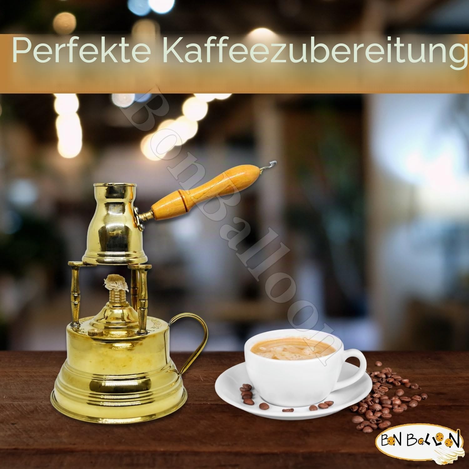 Al Bramony Türkischer griechischer Kaffee-Alkohol-Brenner aus Messing, Tischplatte mit Messinggriff, arabisch, massiv, groß, handgehämmert, ägyptischer Dekanter + Kanne, Ibrik, Größe N02