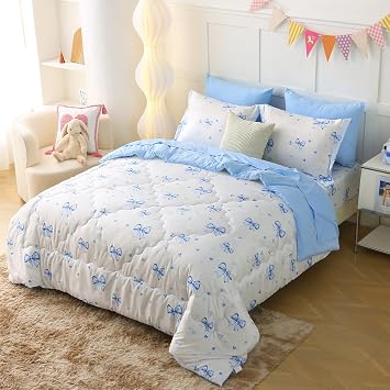 Girls Bow Comforter Bedding Set Queen Size 7 Piece Blue Kawaii Bowknot Comforter Set Bed in A Bag for Kids Teens All Season (Comforter,Flat Sheet,Fitted Sheet and Pillow Sham)