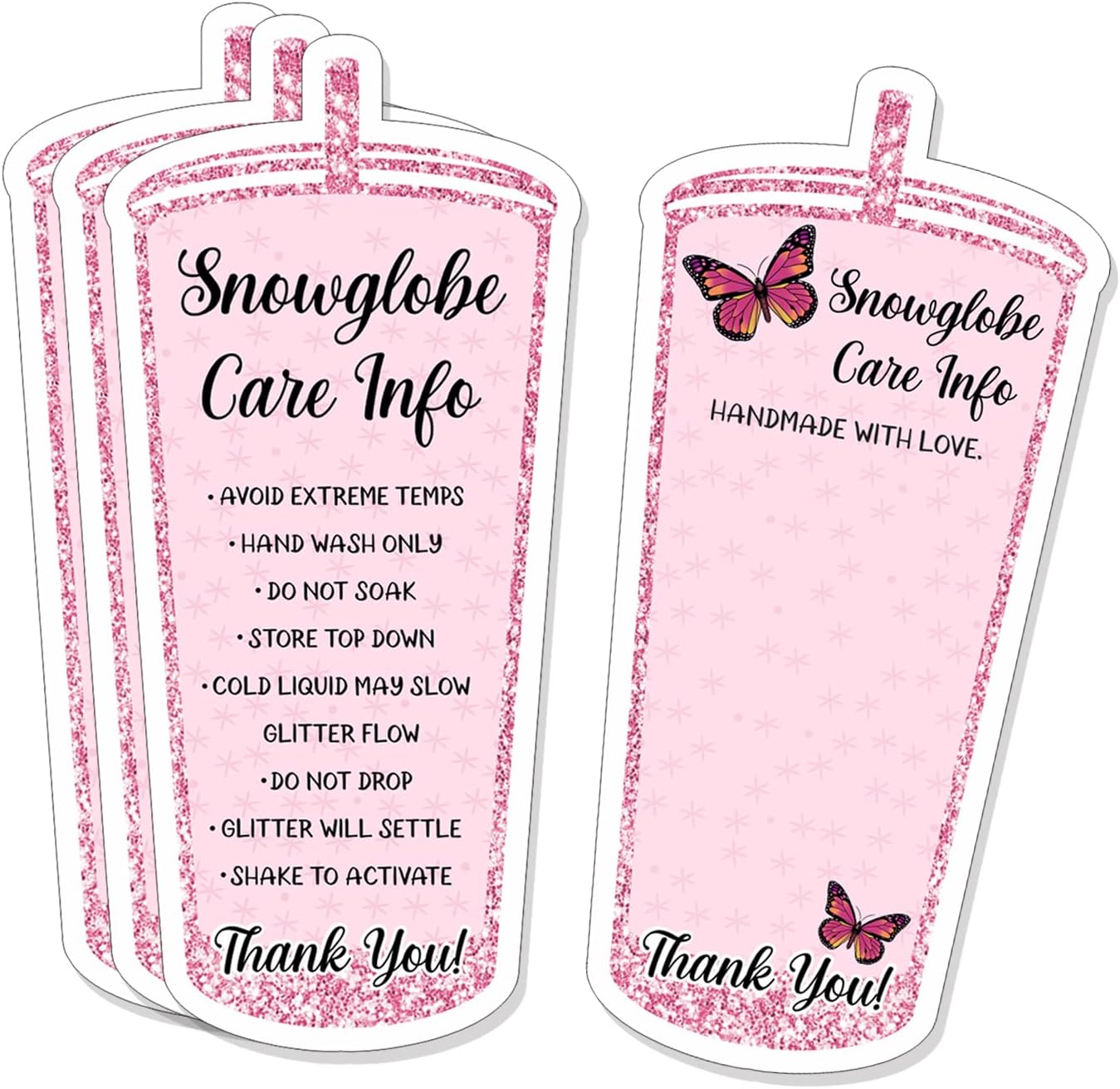 Snowglobe Tumbler Care, Cold Cup Care Instructions, Tumbler Care Cards, Instruction Insert for Small Business, Customer Directions Cards, Small Online Shop Package Insert, 50 Pack, Pink 6JE045