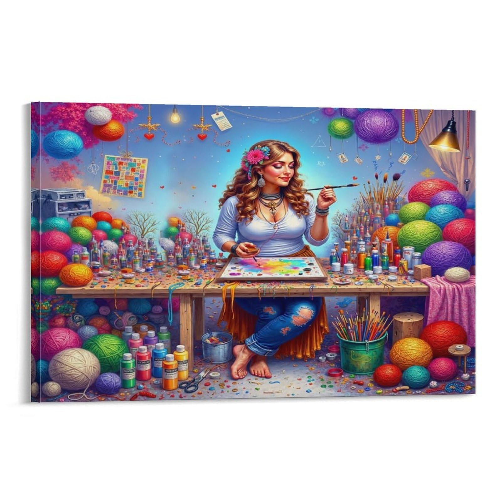 CPLVKWRQJ Creative Artist Studio Individual Woman Painter Art Studio Canvas Wall Hanging - Office Wall Focal Art Fade Resistant Statement Piece Decor 20x30inch(50x75cm)