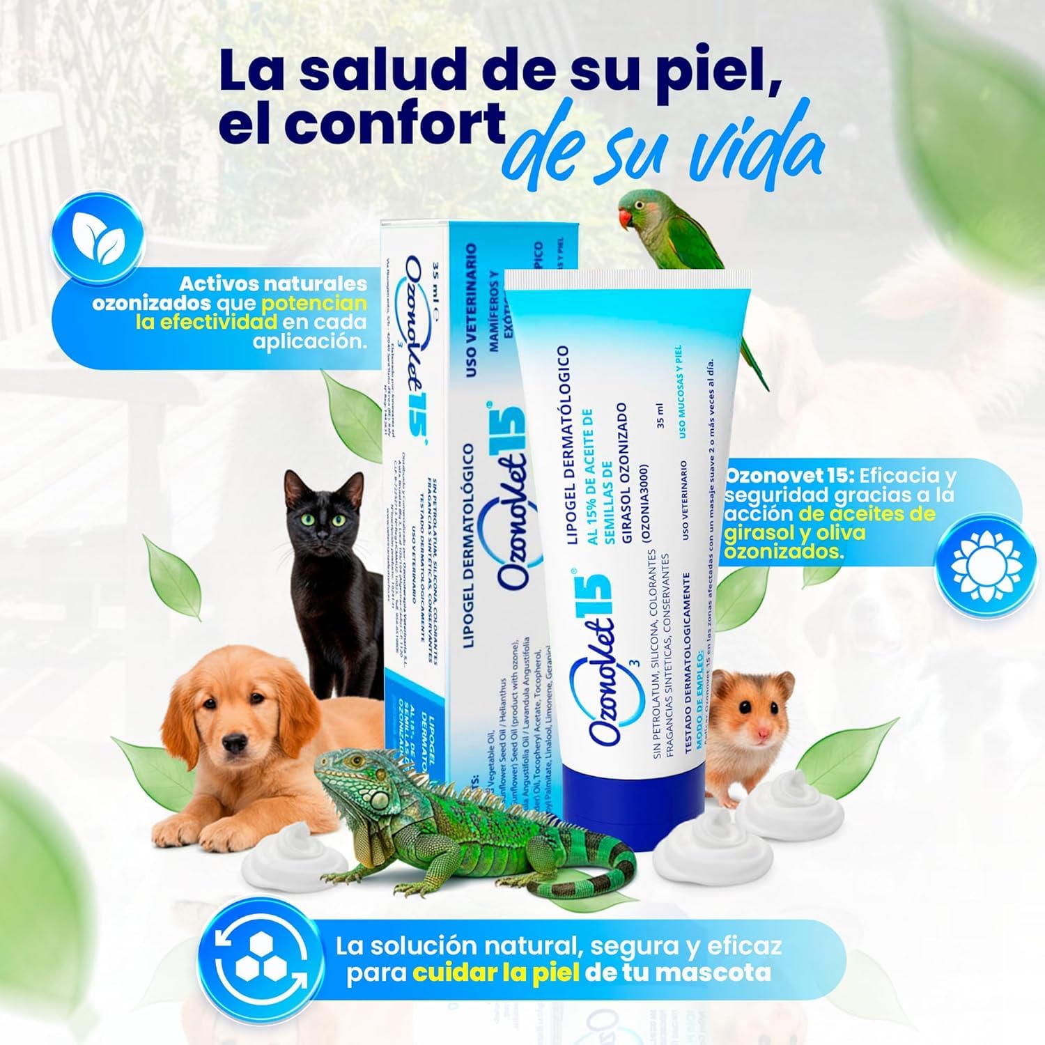 Gel Cicatrizante Ozonizado Para Perros y Gatos Alivia Picor Dermatitis Alergias Heridas y Quemaduras - Cicatrizante Hidrata Sin Dejar Efectos Secundarios Ni Contraindicaciones - 35 ml - 1 Unidad