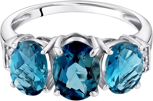 Vista 2 de PEORA Anillo de oro blanco sólido de 14 quilates con diamantes y piedras preciosas genuinas o creadas con tres piedras para mujer, tallas 5 a 9