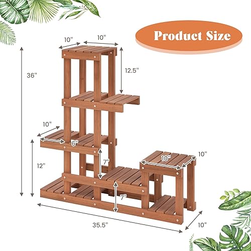 Miniatura 8 de Giantex Shorea - Soporte de madera para plantas de 6 niveles, estante escalonado para múltiples plantas en maceta con estructura alta y baja,