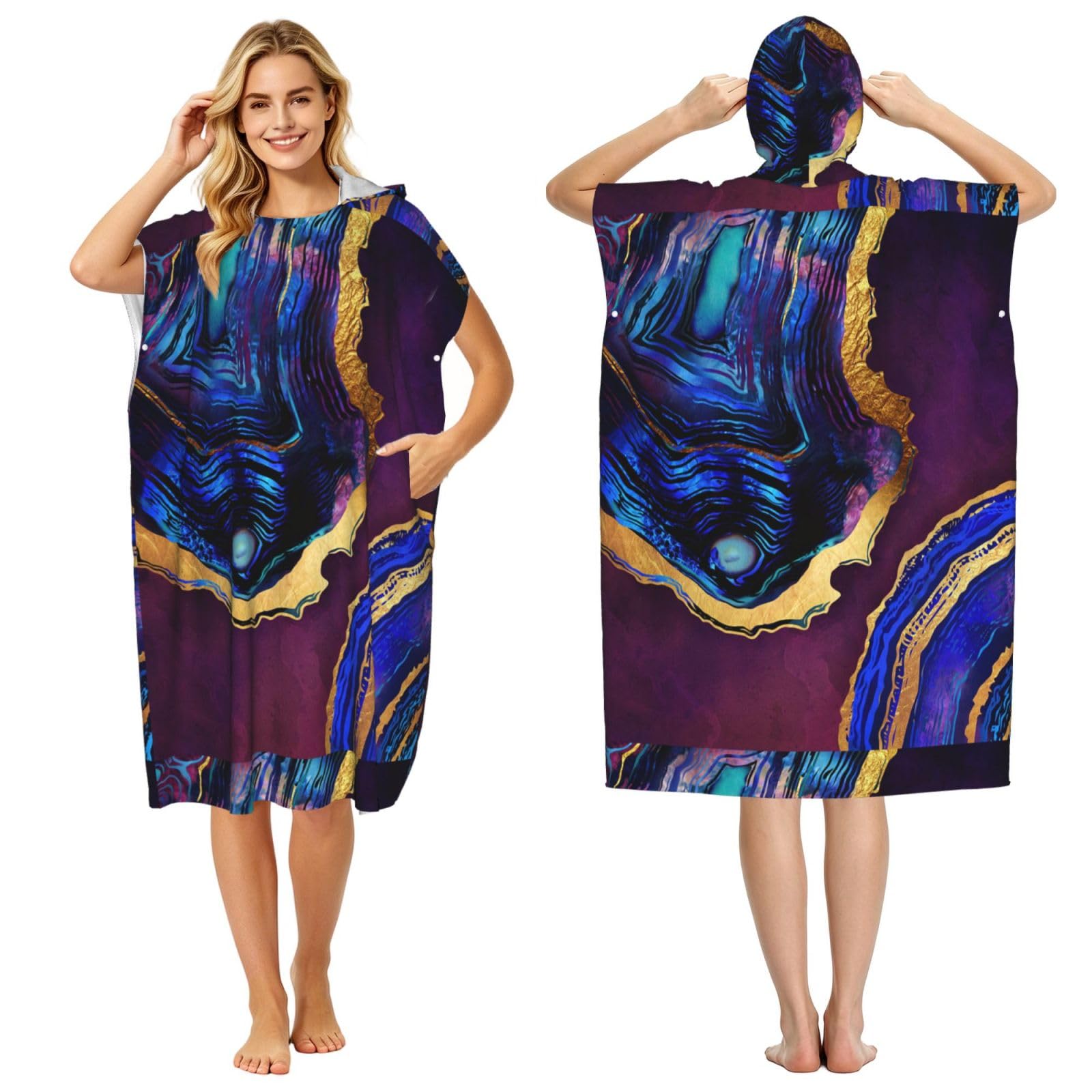 Poadnly Agate Abstract Purple, Blue, Gold, Adult Hooded Beach Towel 90 x 110 cm,Changing Bath Robe, Surf Poncho Towel For Women Men