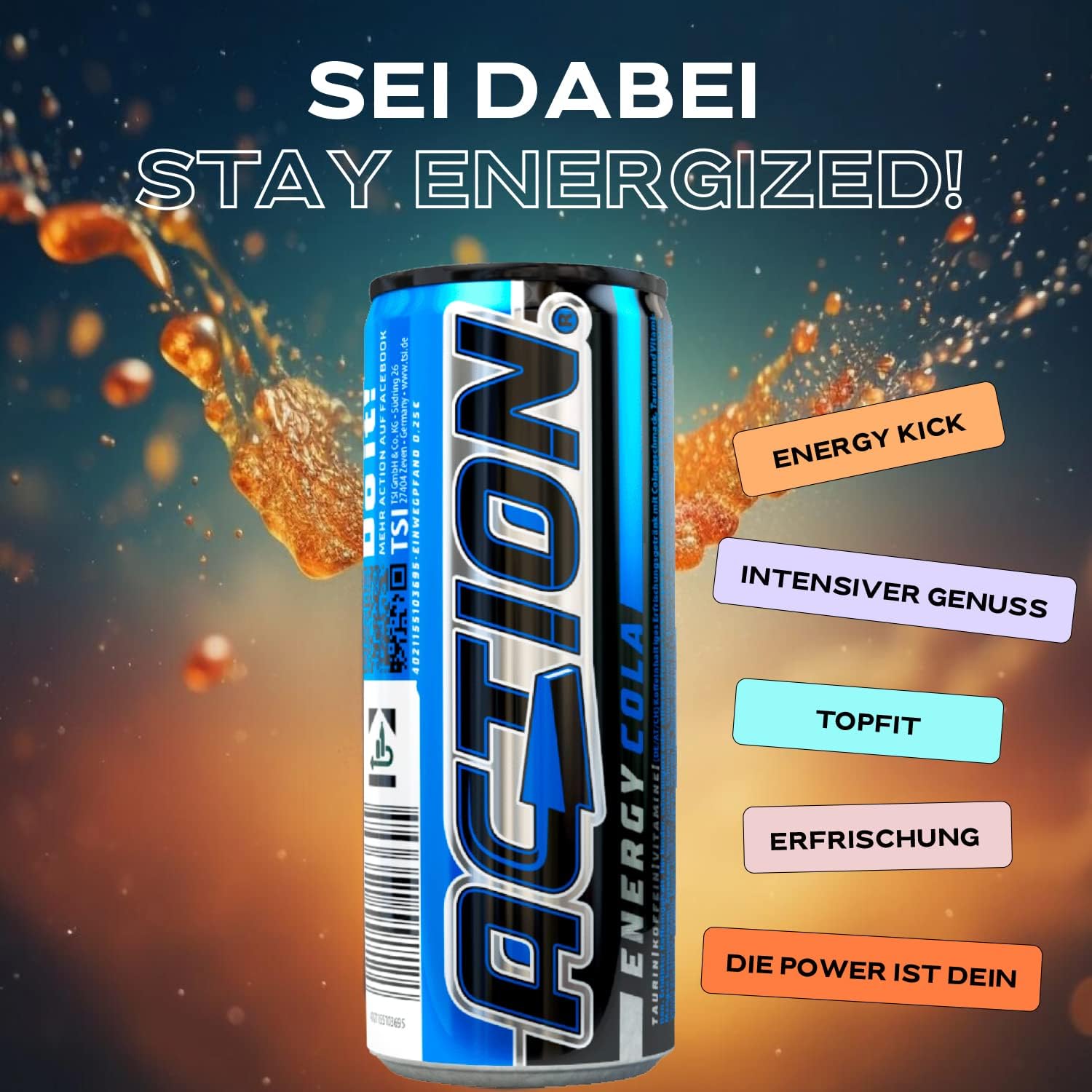 ACTION Energy Drink Cola (48 x 250 ml) con depósito – Bebida refrescante – Energía con mayor contenido de cafeína 32 mg/100 ml de cafeína bebida energética para mejorar el enfoque