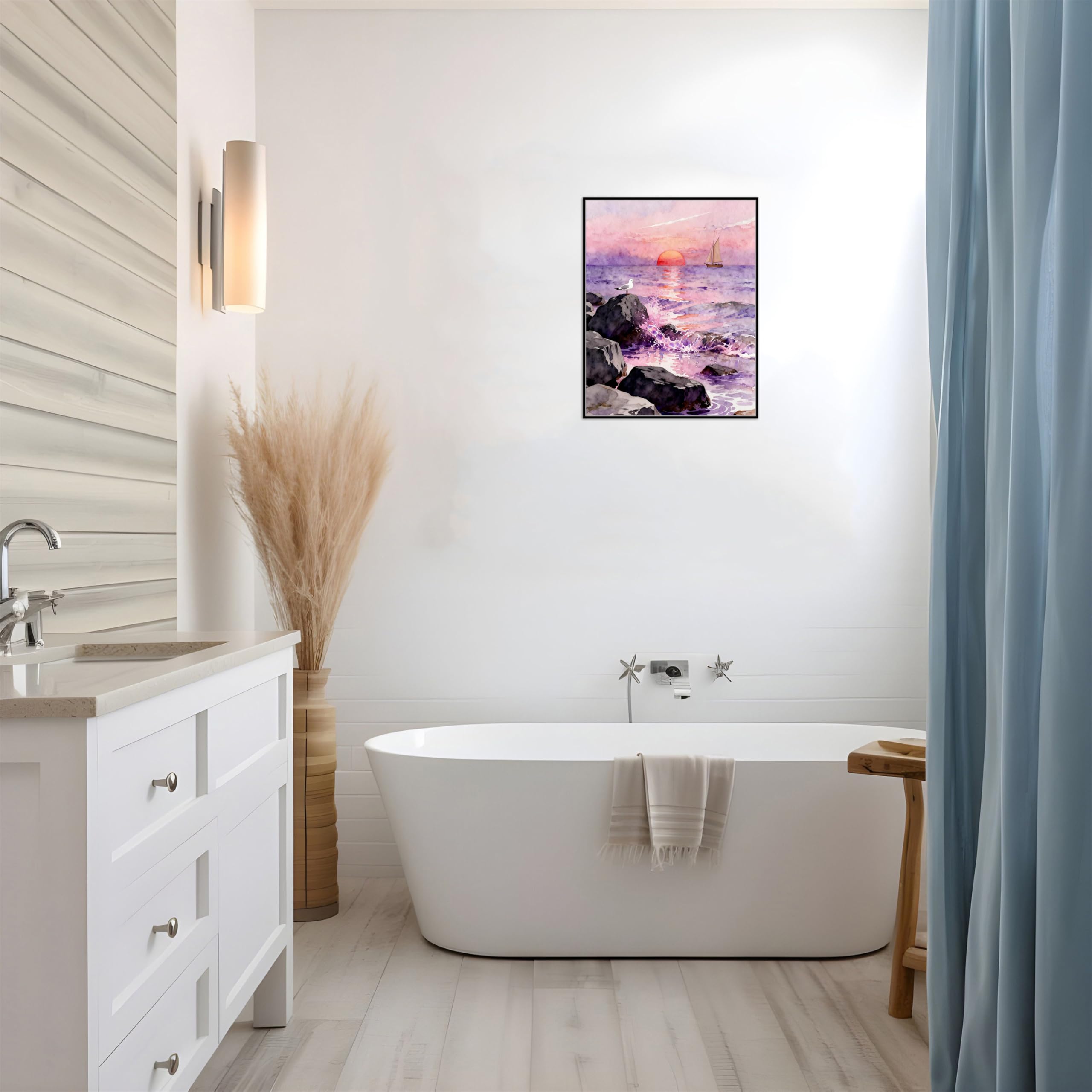 OZPWBVY Meer Leinwandbild-Strand Sonnenuntergang Boot-Küsten Landschaftsbilder für Wohnzimmer Schlafzimmer Fertig zum Aufhängen 80x105cm Schwarz Rahmen