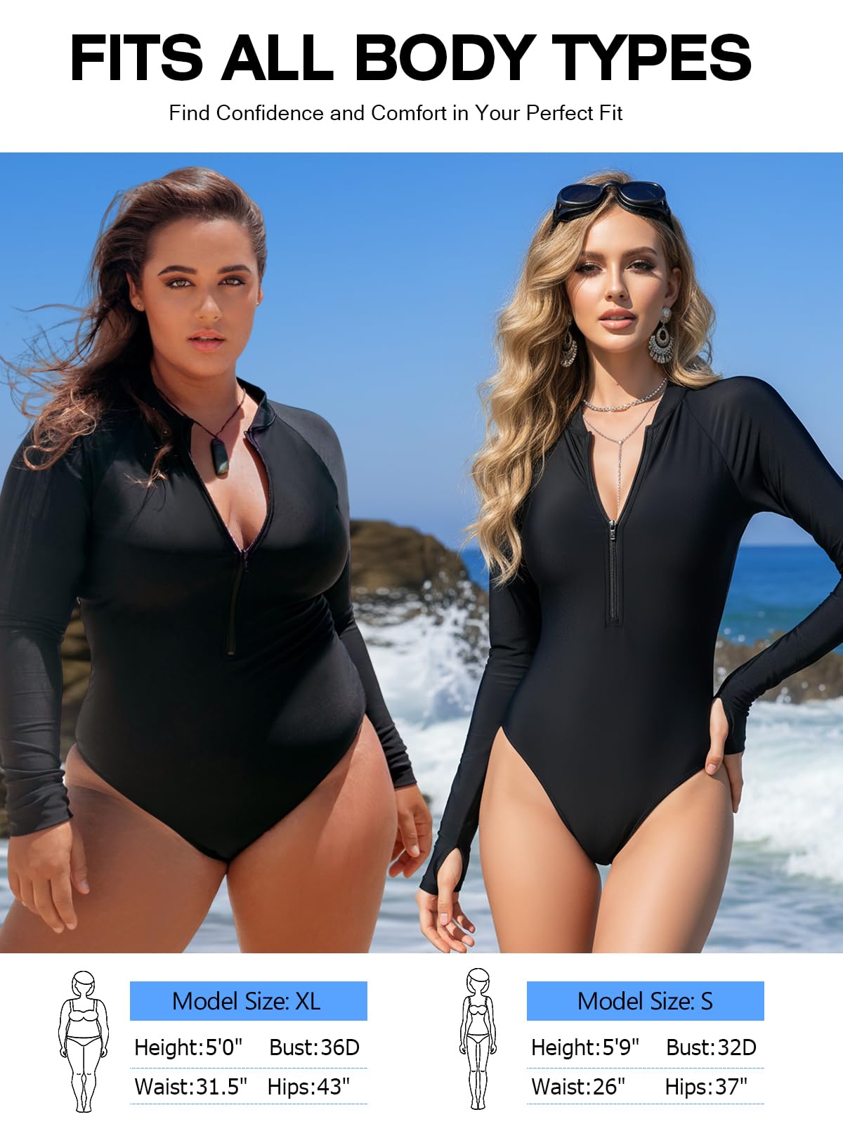 RELLECIGA Traje de baño de una pieza para mujer, manga larga, protección contra la erupción UV, traje de baño, Negro, XX-Large