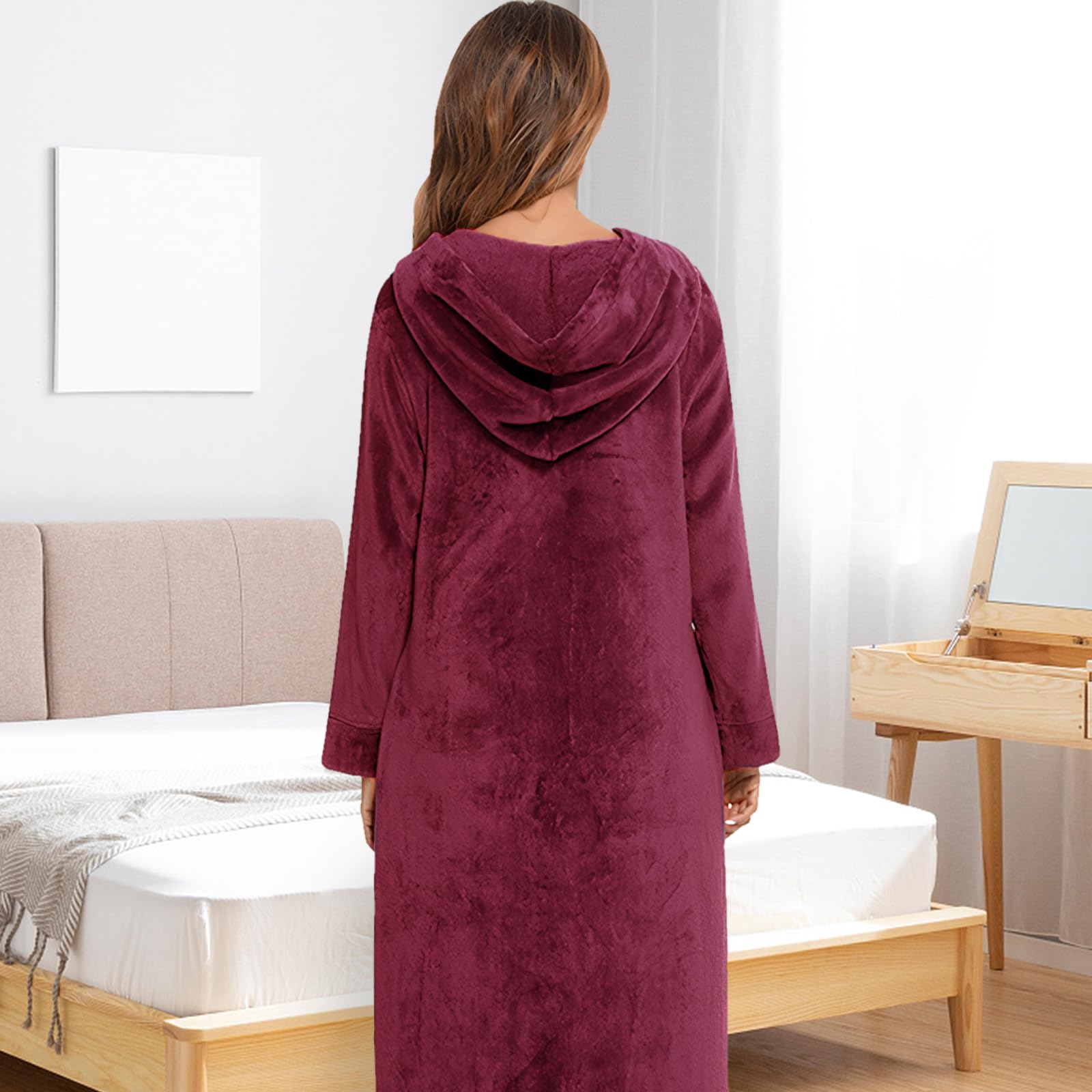 Bademantel Damen und Herren mit Reissverschluss und Kapuze langer Bademantel Fronttaschen Saunamantel Flanell Bademantel