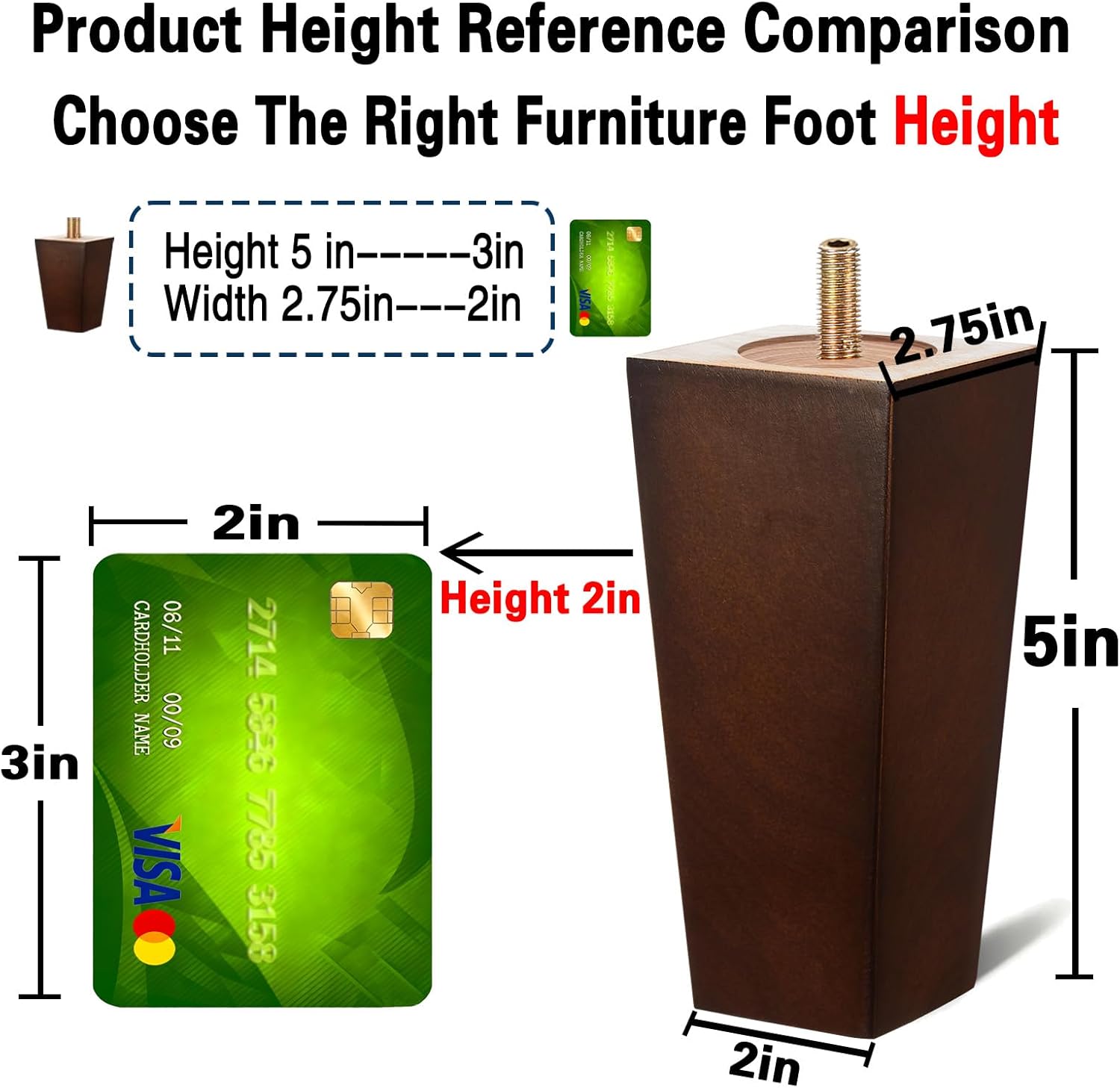 Wood Furniture Legs - 5 inch Sofa Legs Pack of 4 Square Brown Couch Legs, Mid Century Chair Feet, Sofa Replacement Parts, for Dresser, Sideboard, Recliner, Coffee Table 5 inches