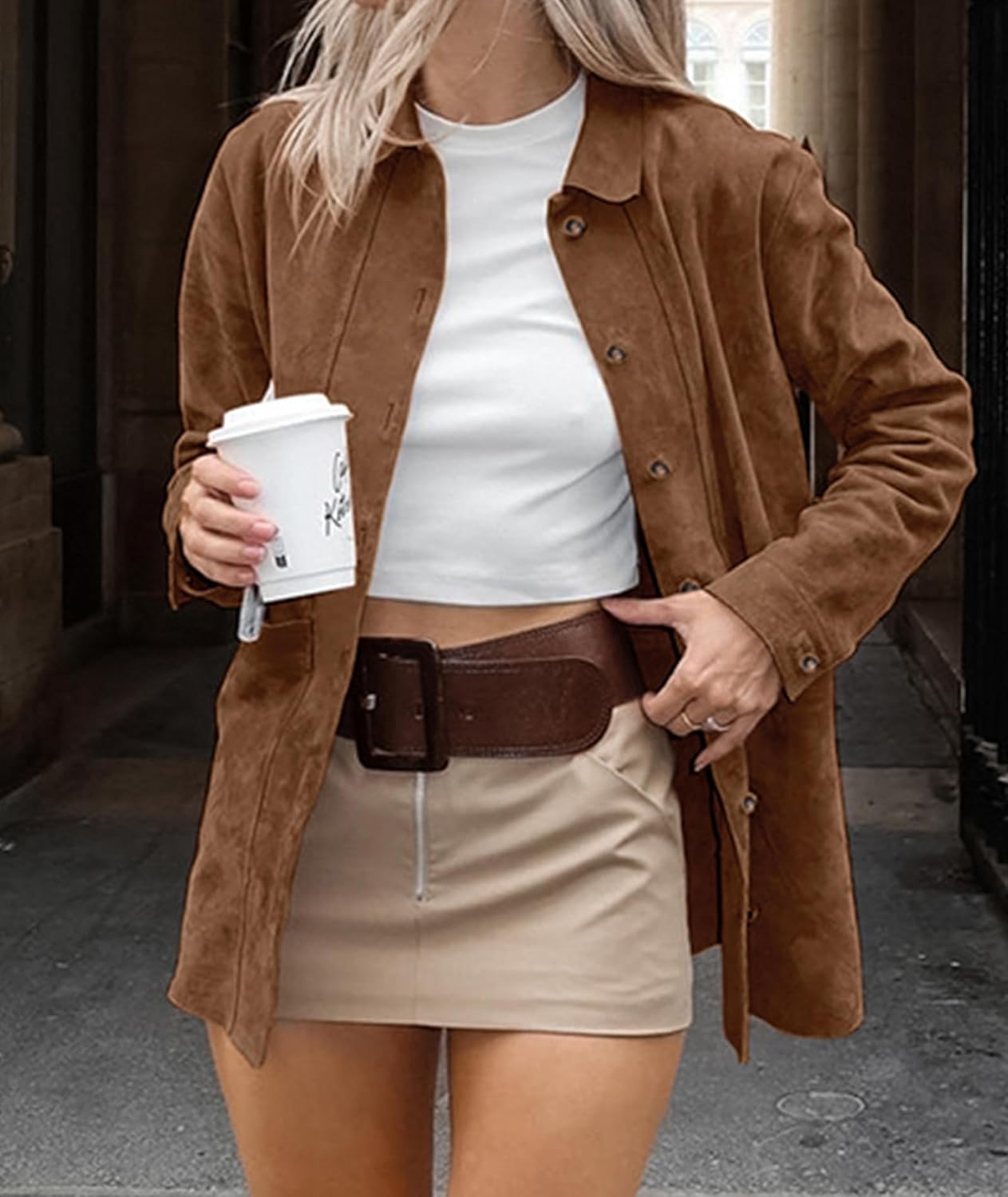 SEMATOMALA Women's Faux Suede Button Down Shirt Lapel Collar Shacket Casual Lightweight Fall Oversized Blouses Tops - Image 3