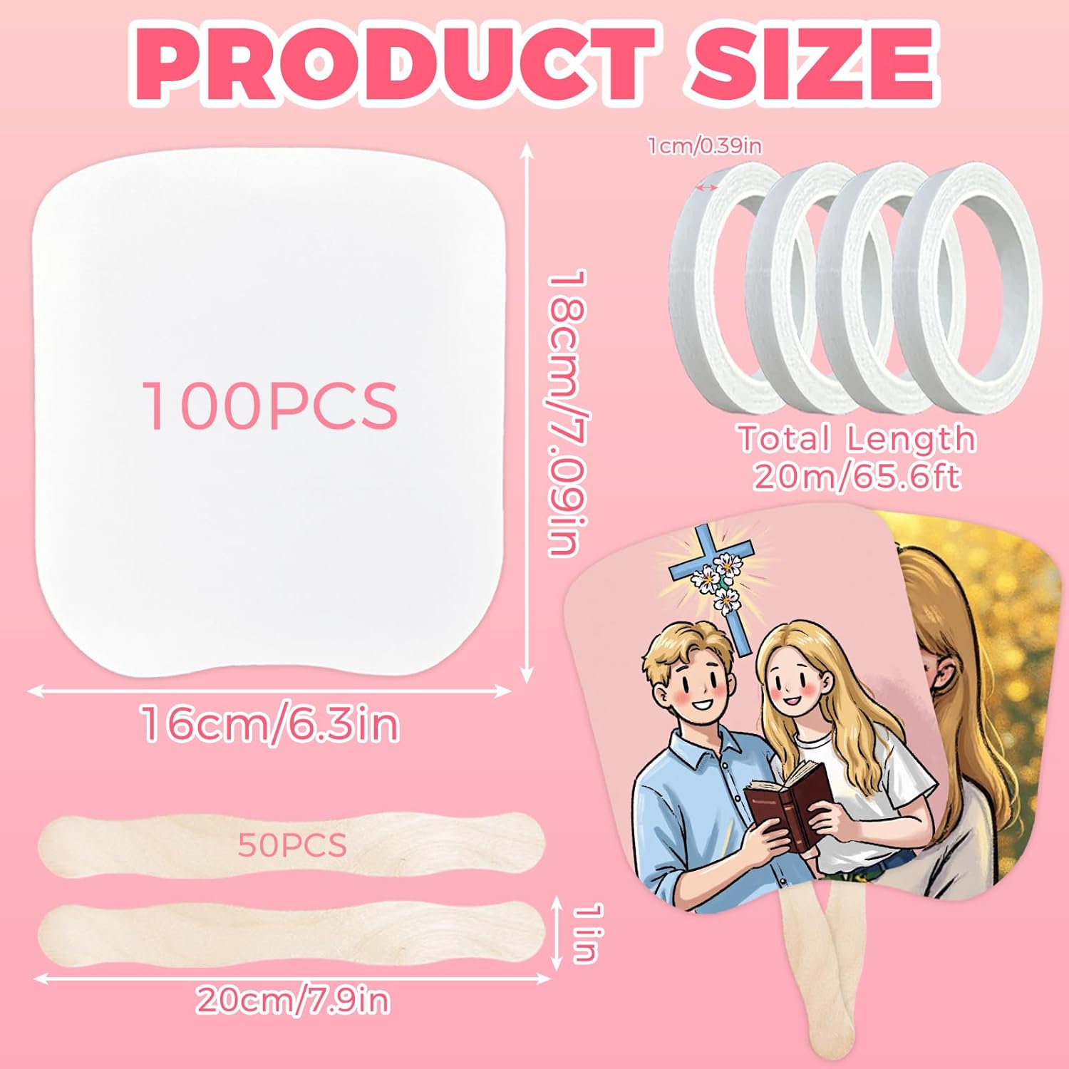 154PCS Church Fans Handheld Set, 50 DIY Blank Fans to decorate, Cardboard Fans on a Stick, Paper Paddle Fans, Fan Kit for Weddings Graduation, Custom Paper Fans with Wavy Sticks & Tape (6.5x7.25 inch)