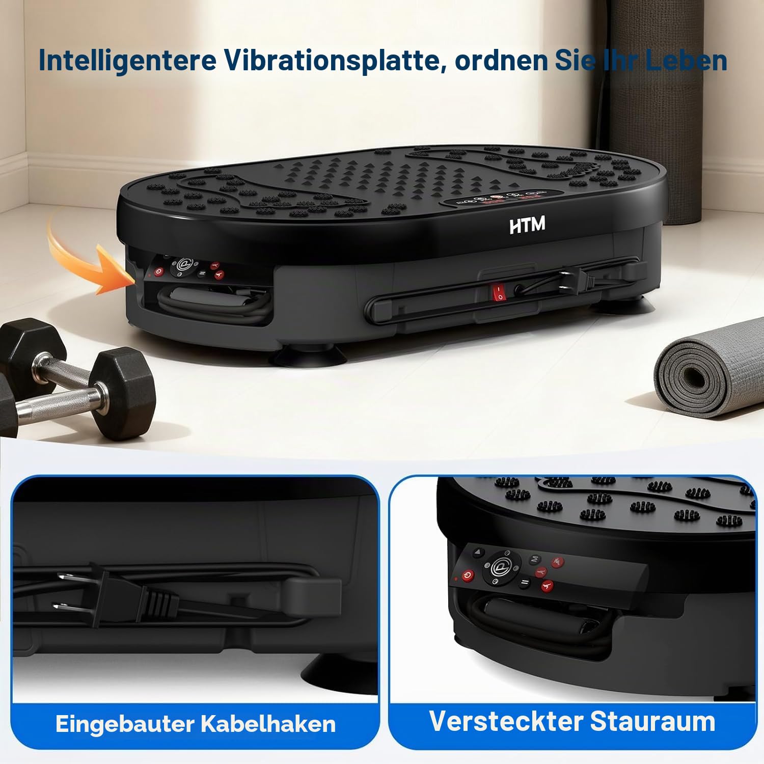 HTM Vibrationsplatte Trainingsgerät mit Fernbedienung, 120 Geschwindigkeitsstufen, 9 Programmmodi und 15 Minuten Timer, Maximale Belastbarkeit 136 kg , Rüttelplatte Sport für Ganzkörpertraining