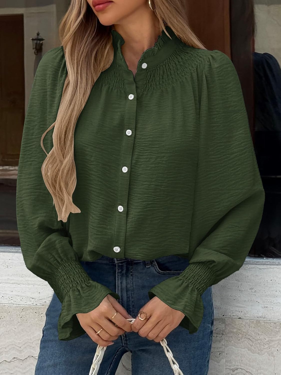 Tankaneo Womens Puff Long Sleeve Button Down Shirts Ruffle Mock Neck Blouses Dressy Casual Loose Fit Tops - Image 3